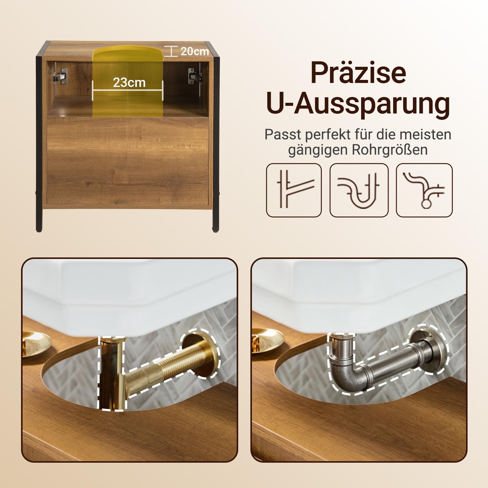 SoBuy Waschbeckenunterschrank Schrank Badmöbel Badezimmer Unterschrank Holz mit 2 Türen und Regal, waschtischunterschrank schmal stehend Badunterschrank für kleine Bäder WC 60x60x30 cm BZR63-PF