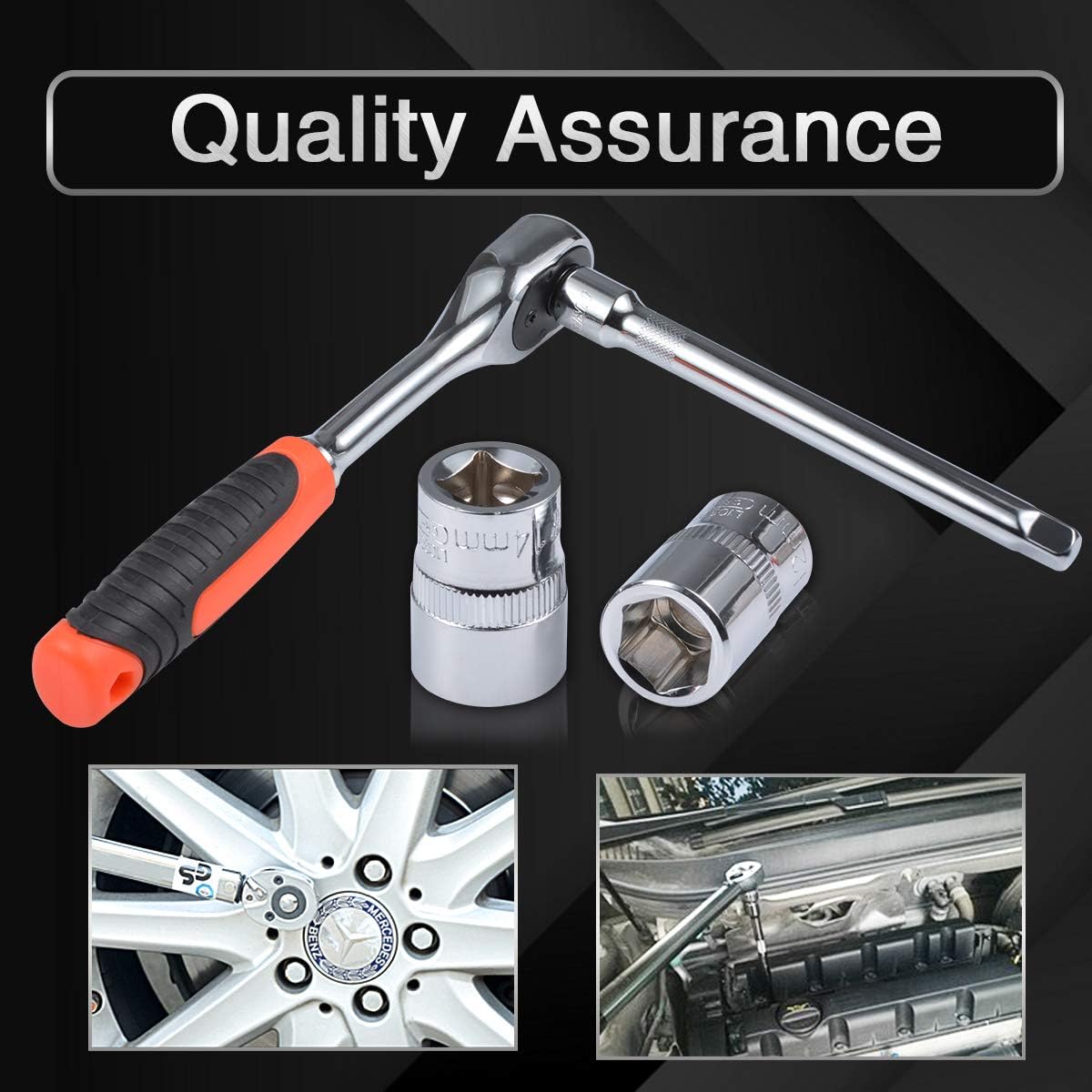 KATUR 12Pcs 3/8 Inch Metric Drive Sockets Set, Quick Release Reversible Ratchet Handle, Swappable Spanners Sockets with Hanging Rack (3/8 Inch Wrench 195mm Length)