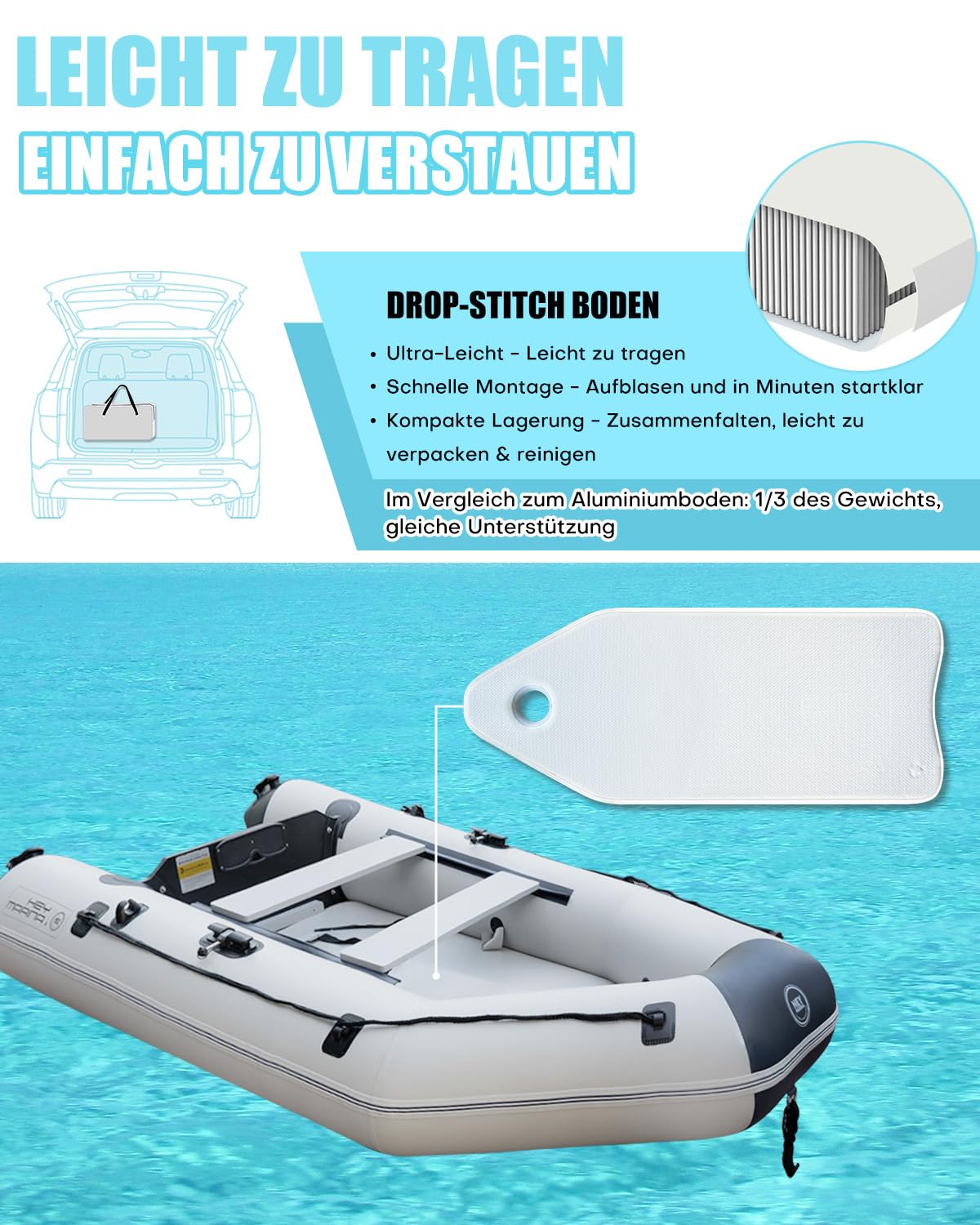 Hey Marina Schlauchboot Aufblasbares 3 m für 3–4 Personen – Wave, Motor geeignet, Freizeitboot, Paddelboot, Angelboot – Mit 2 Sitzbänken, Drop-Stitch-Boden, Paddel, Pumpe, Reparaturset & Tasche
