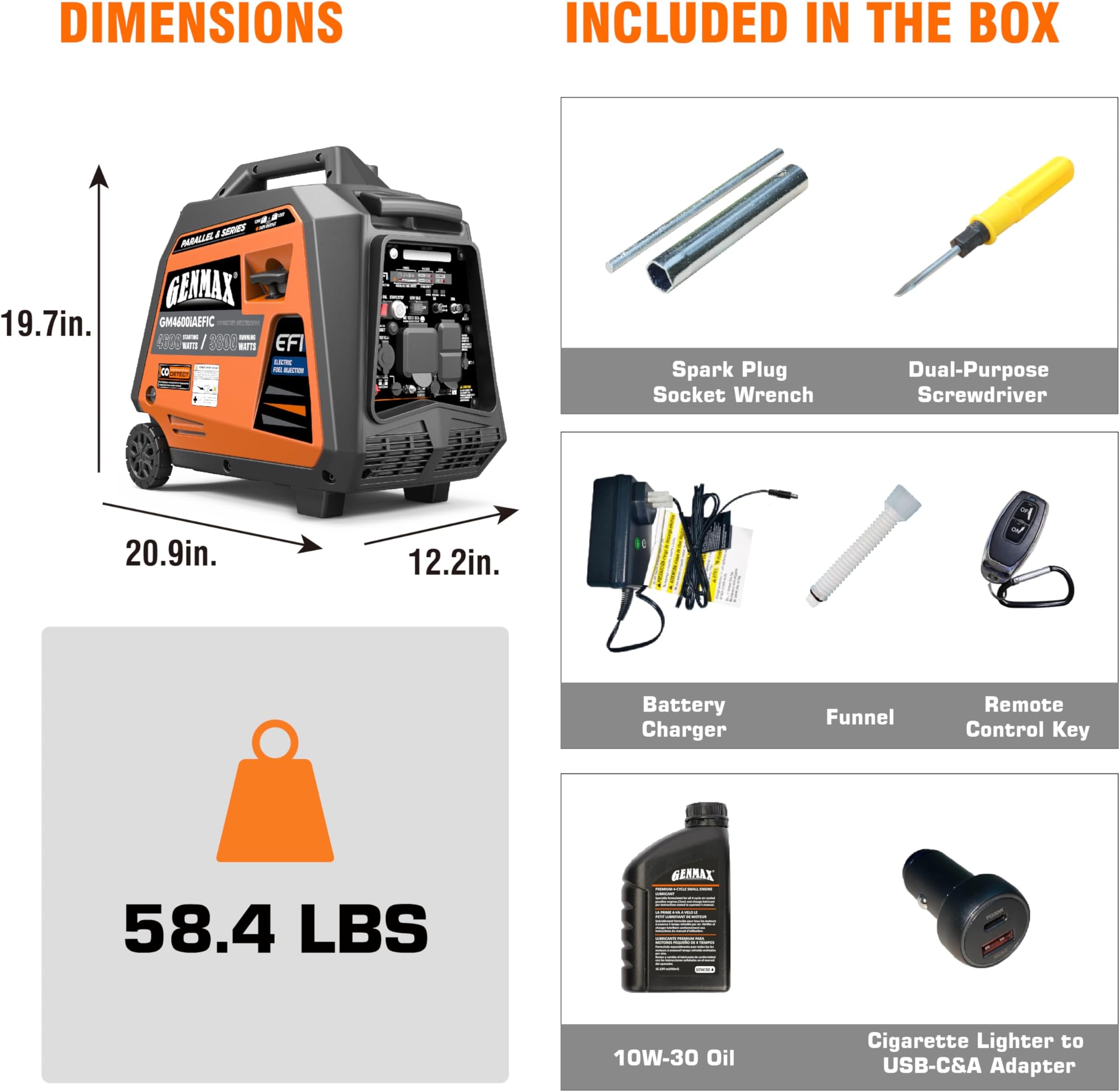 GENMAX Fuel Injection Generator, 4600W ultra-quiet 159cc engine with Parallel and Series Capability, Electric & Remote Start with CO Alert and LED light digital display,EPA Compliant（GM4600iAEFIC）