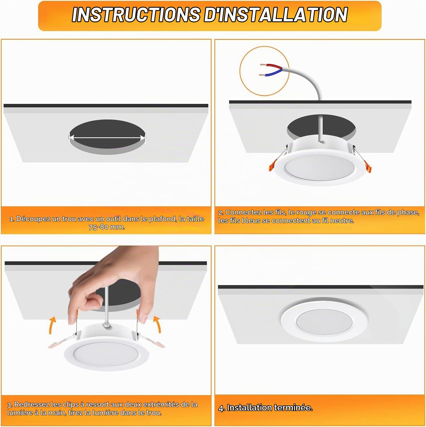 OUILA Spot LED Encastrable Lot de 10, 5W 500Lumen Equivalent 50W Incandescence, 4000K Blanc Spot Led Extra Plat Pour Salle de Bain Cuisine Salon Couloir