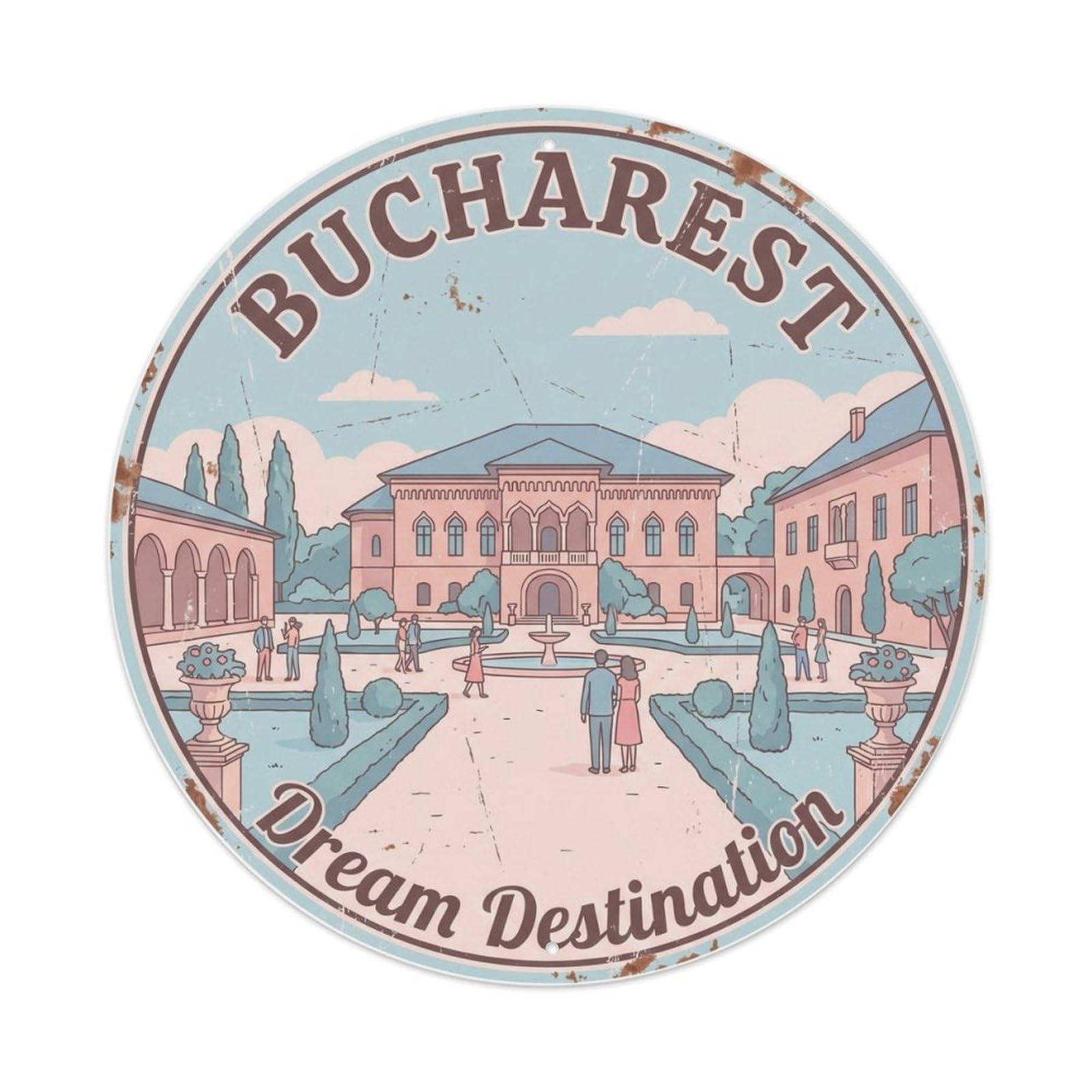 Fqcyn Style Vintage Travel Bucharest Palace Destination Metal Tin Sign