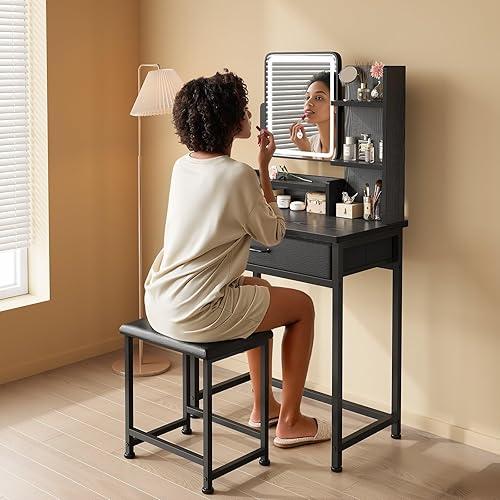 Miniatura 4 de Escritorio de maquillaje con espejo y luces, tocador pequeño con cajón de almacenamiento de tela, silla y estantes, juego de tocador de maquillaje