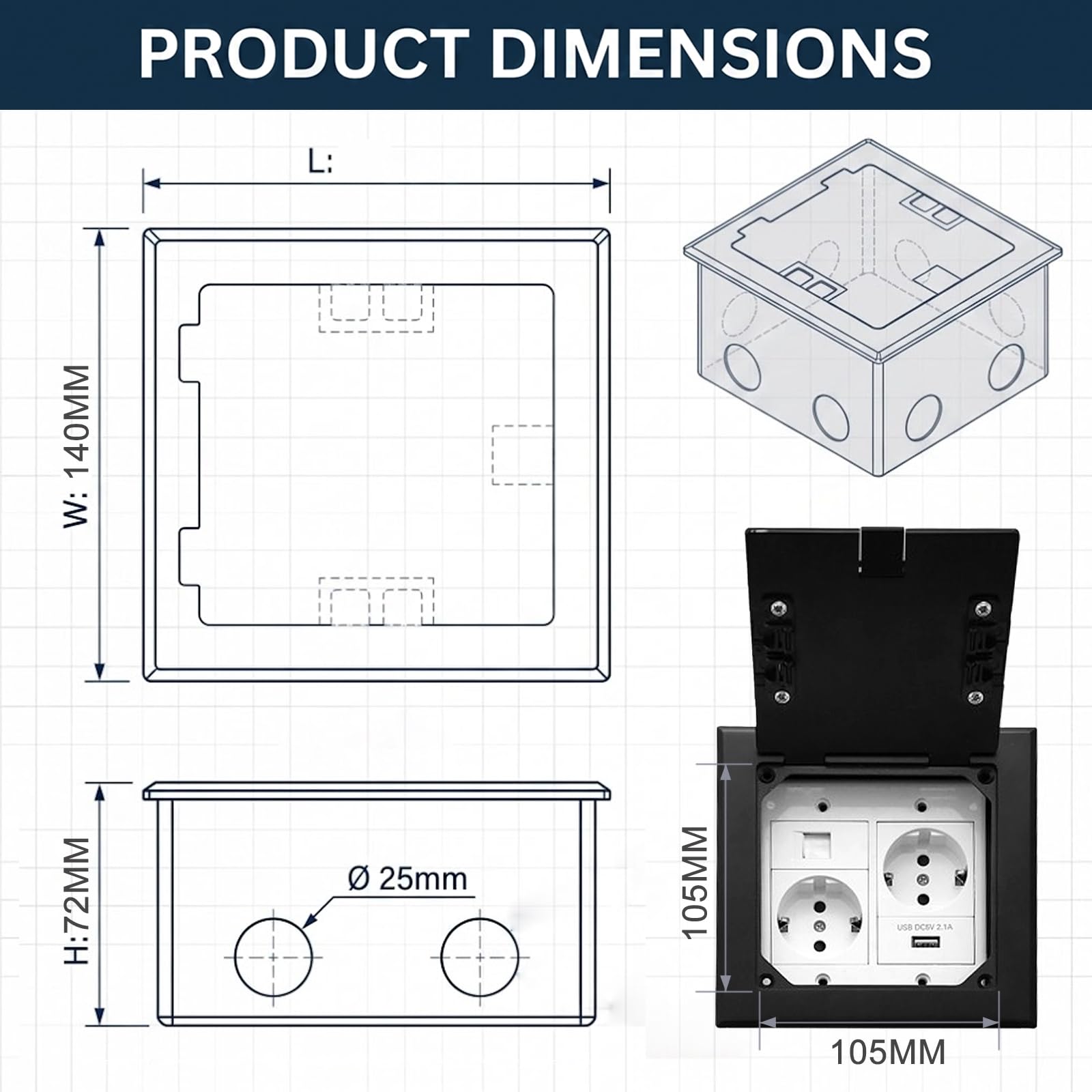 Prise Etanche Encastrable Acier Inoxydable - Prise de Sol Enfouie avec 2 AC + 1 USB A + 1 RJ45 - Prise Sol Encastrée pour la maison, le bureau/marbre, noir