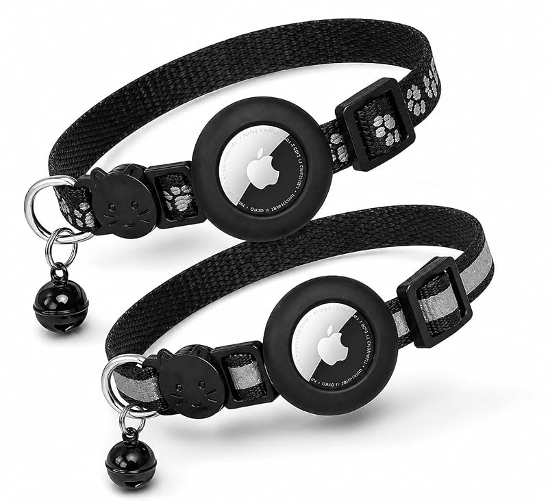 Coleira para Gatos com Suporte para Apple AirTag, Refletiva, Breakaway e Sino JNLIK Preta, Pacote com 2