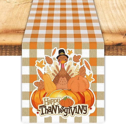 Nialnant Camino de mesa de otoño, camino de mesa de pavo de Acción de Gracias para cocina, mesa de comedor, granja, patrón de cuadros de búfalo