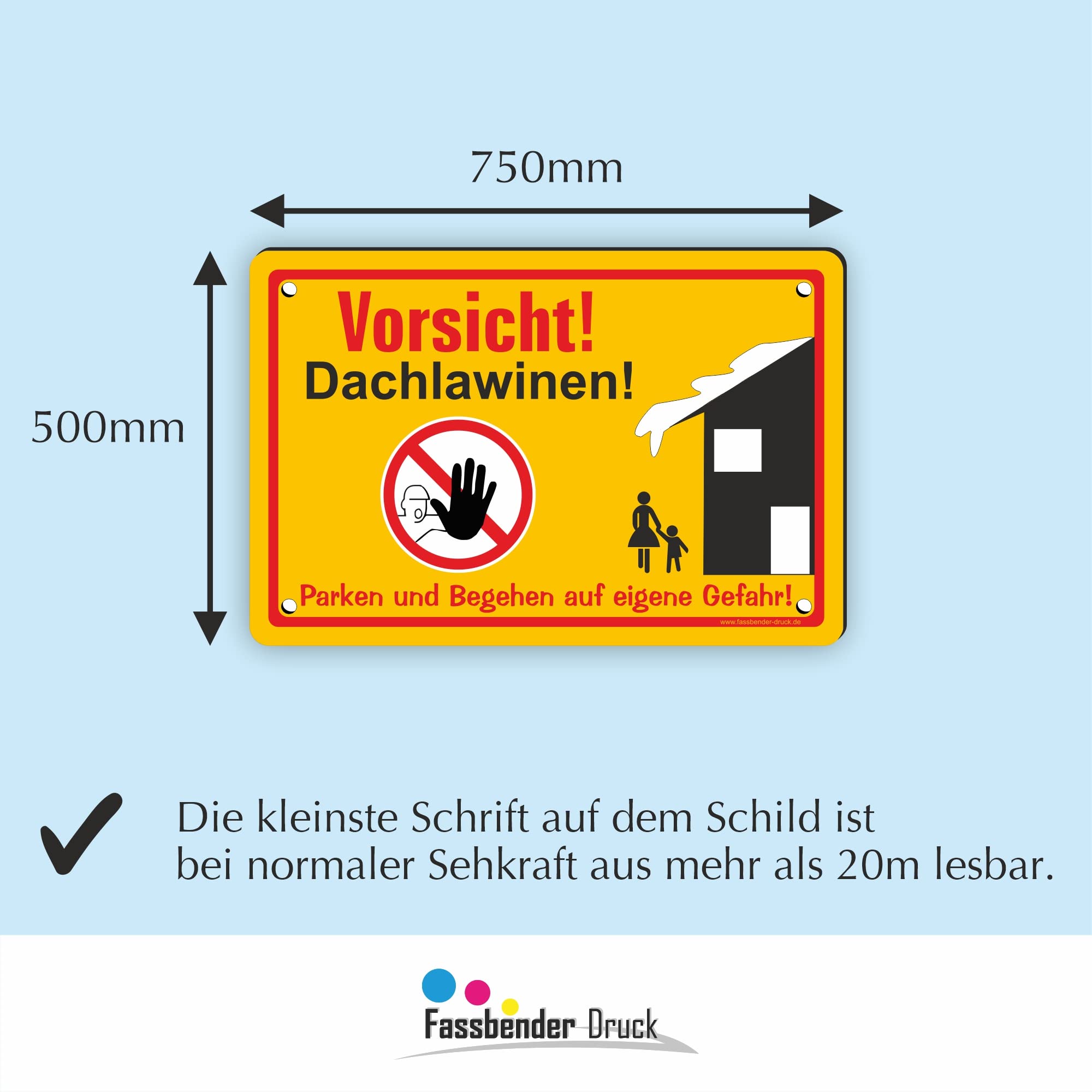 VORSICHT DACHLAWINEN Schild mit Bohrlöchern - vorgebohrtes Schild zum Markieren einer Gefahrenzone Privatweg/Begehen & Befahren auf eig. Gefahr (75x50cm Schild)