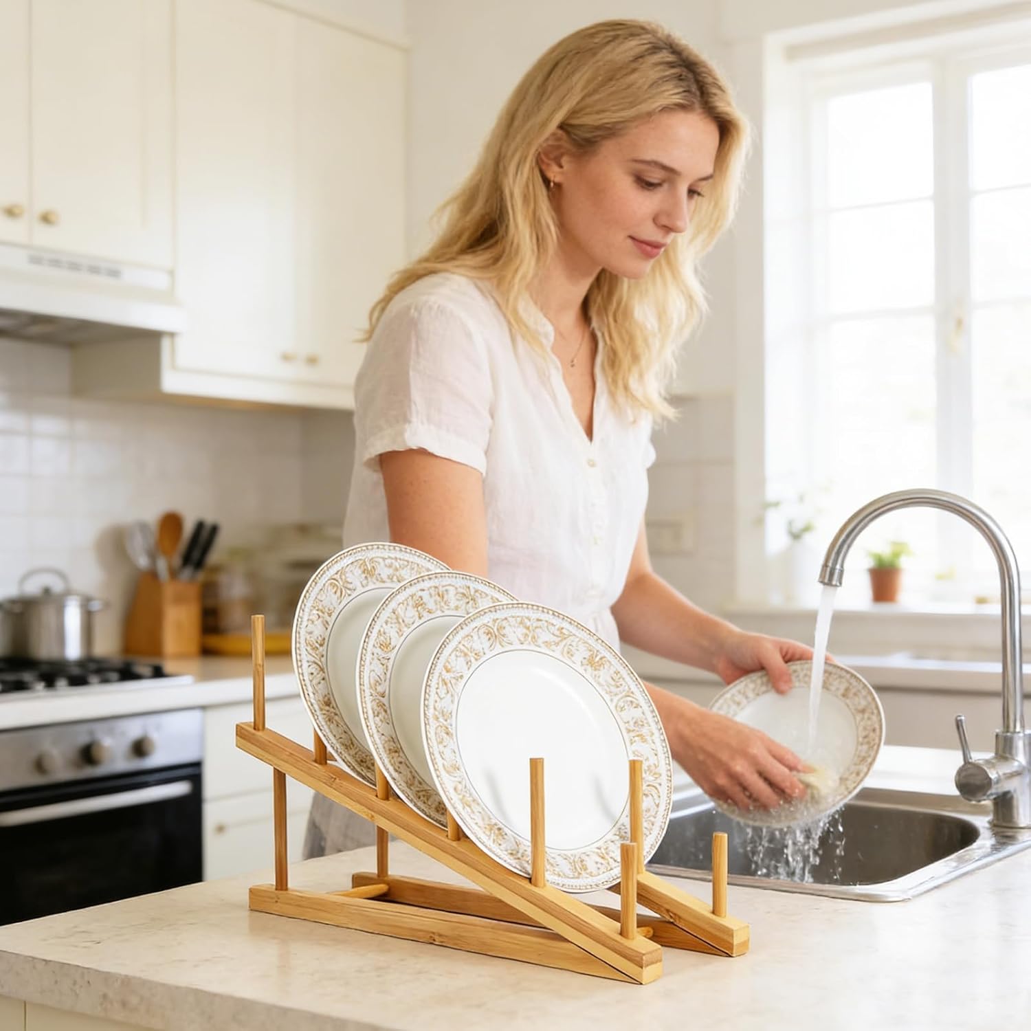 8 Pack Dish Rack Bamboo Drying Rack Wooden Plate Dish Rack Cabinet Organizer Kitchen Pot Lid Stand for Dish, Plate, Cup, Bowl, Cutting Board