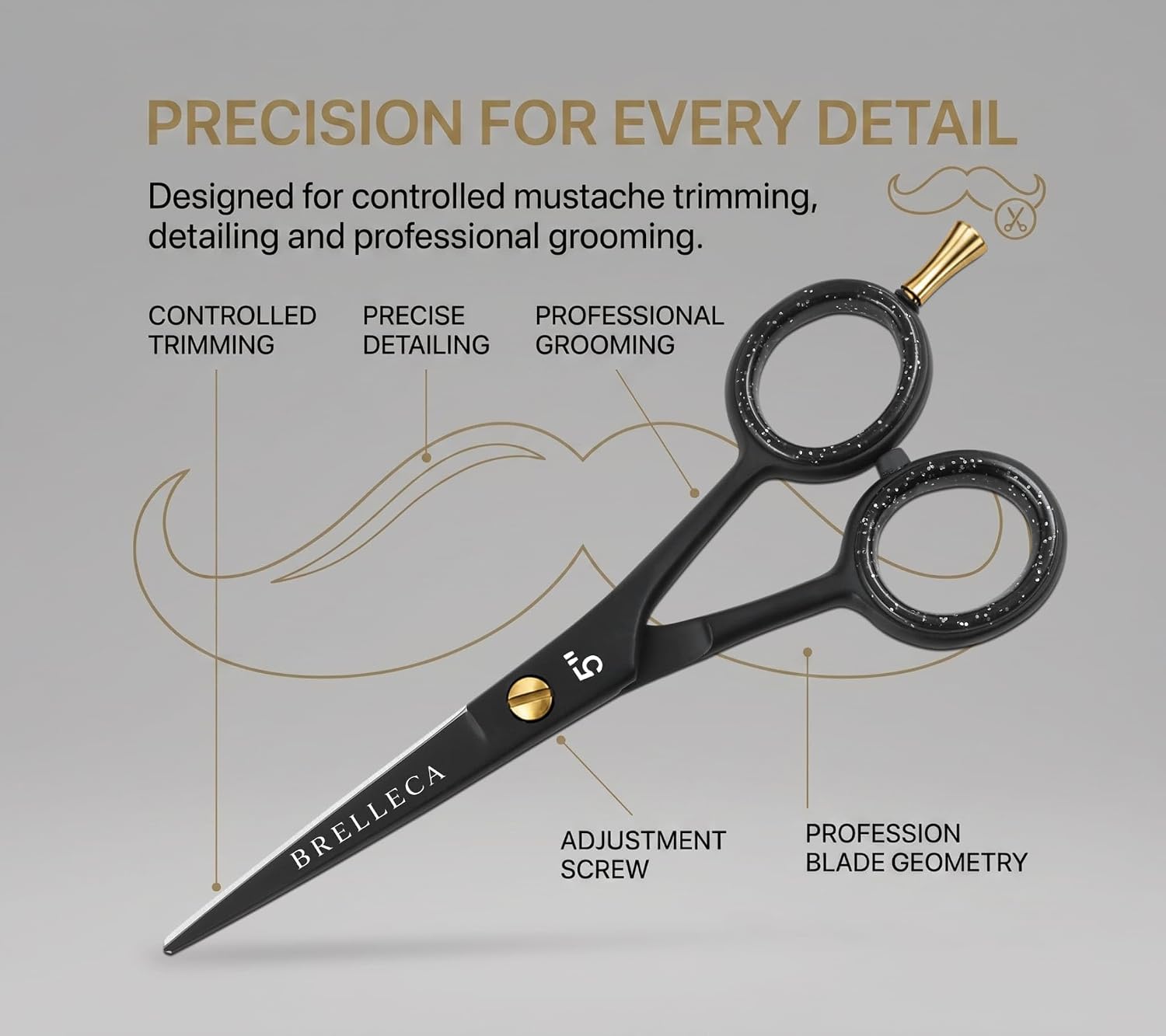 5 Inch Mustache Scissors with1 Beard Comb & Soft Pouch – Perfect Beard shears mustache kit for All Facial Hair for Men, 420C Stainless Steel, Black
