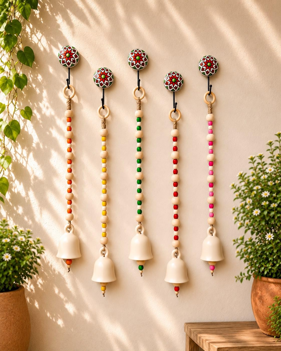 Crafty Co. Handcrafted Plain Hanging Bells with Wooden Ring & Multicolor Wooden Beads | Ceramic Bell Wall Hanging with Hook for Home Décor | Hanging for Living Room, Balcony & Entrance, Set of 5-image-43