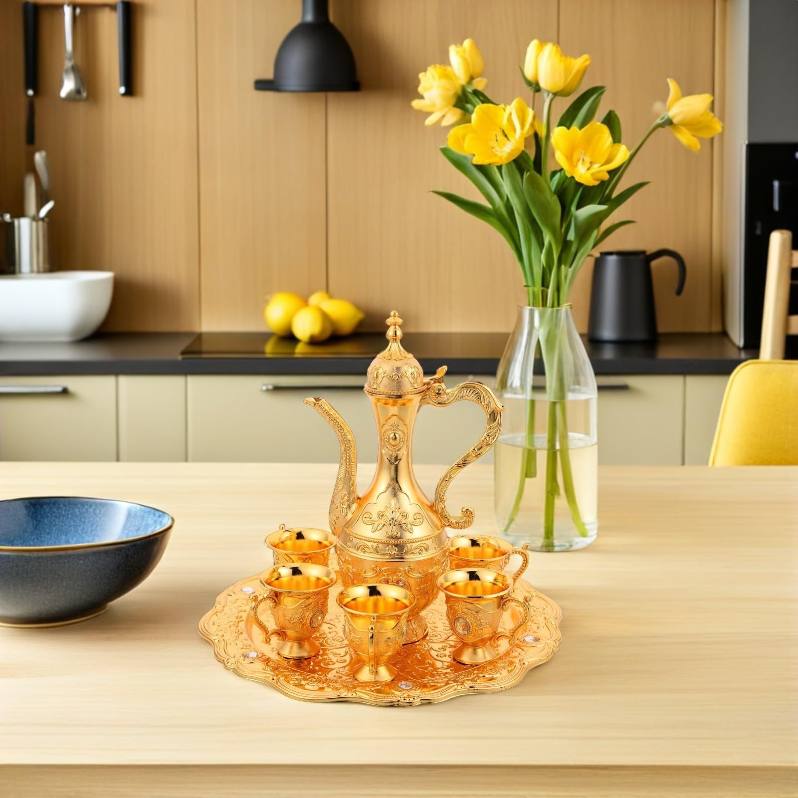 Set da Tè Turco Antico Vintage in Legno Oro con Vassoio e Piattini | Stile Europeo Moderno, Finitura Embossata con Cristalli, per Esposizione