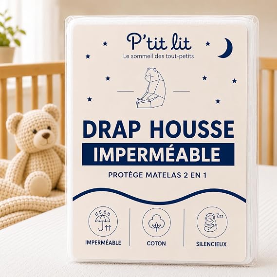 P'TIT LIT Drap Housse et Alèse Imperméable 2-en-1 Blanc 60x120 cm
