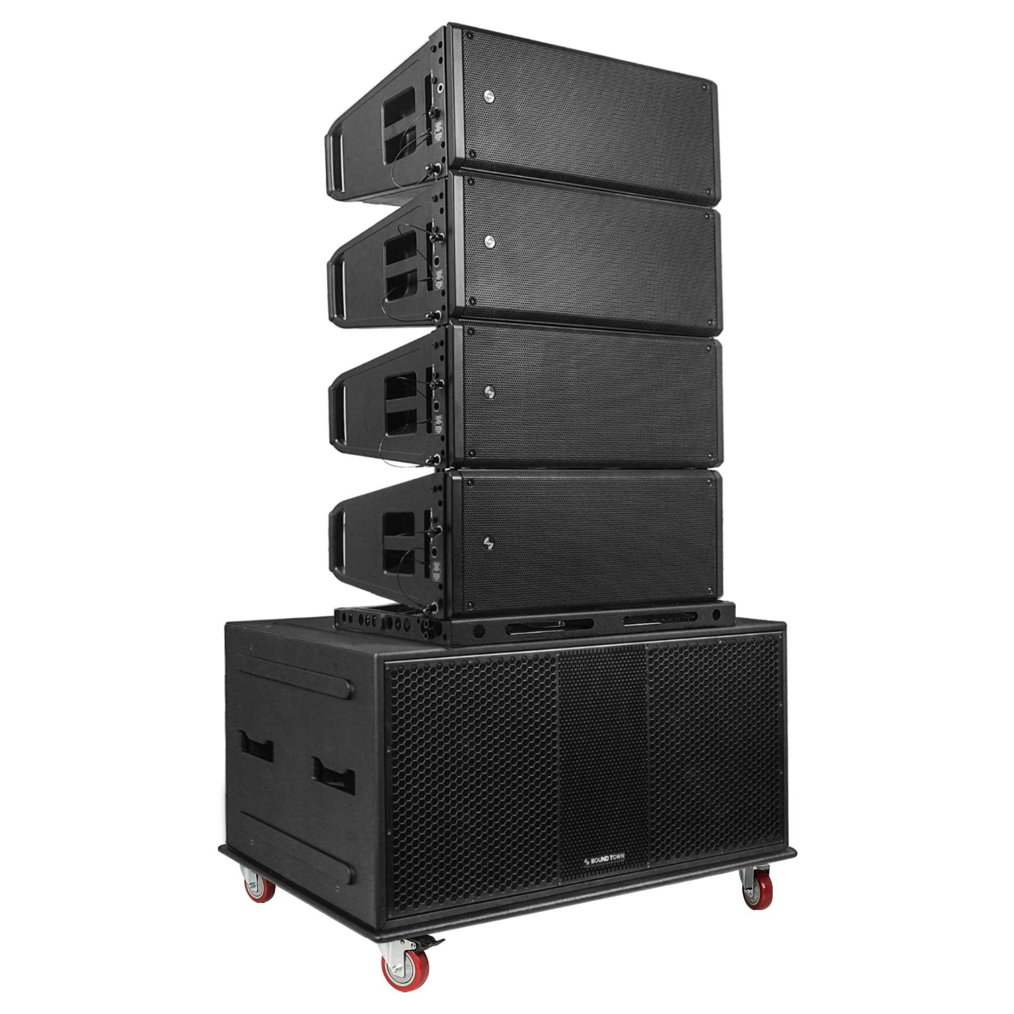 Sound Town ZETHUS Series Line Array Speaker System with Four Dual 10-inch Powered Line Array Speakers, One Dual 18-inch Line Array Subwoofer, One Flying Frame, and One Caster Board (ZS-A210X4-218S)
