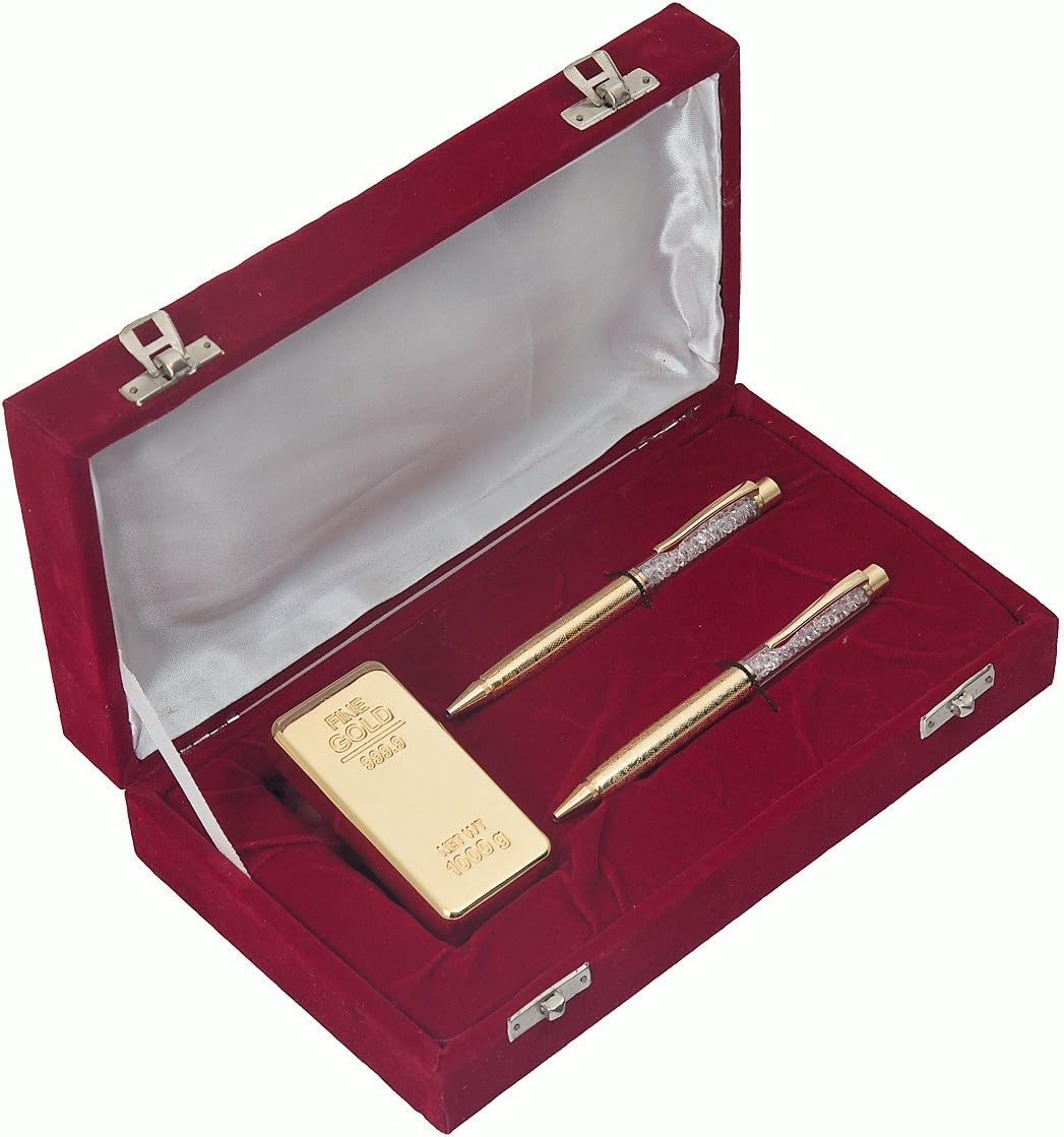 JEWEL FUEL Gold Bar Gold Plated Paper Weight and 2 German Silver Gold Plated Ball Pen Gift Set