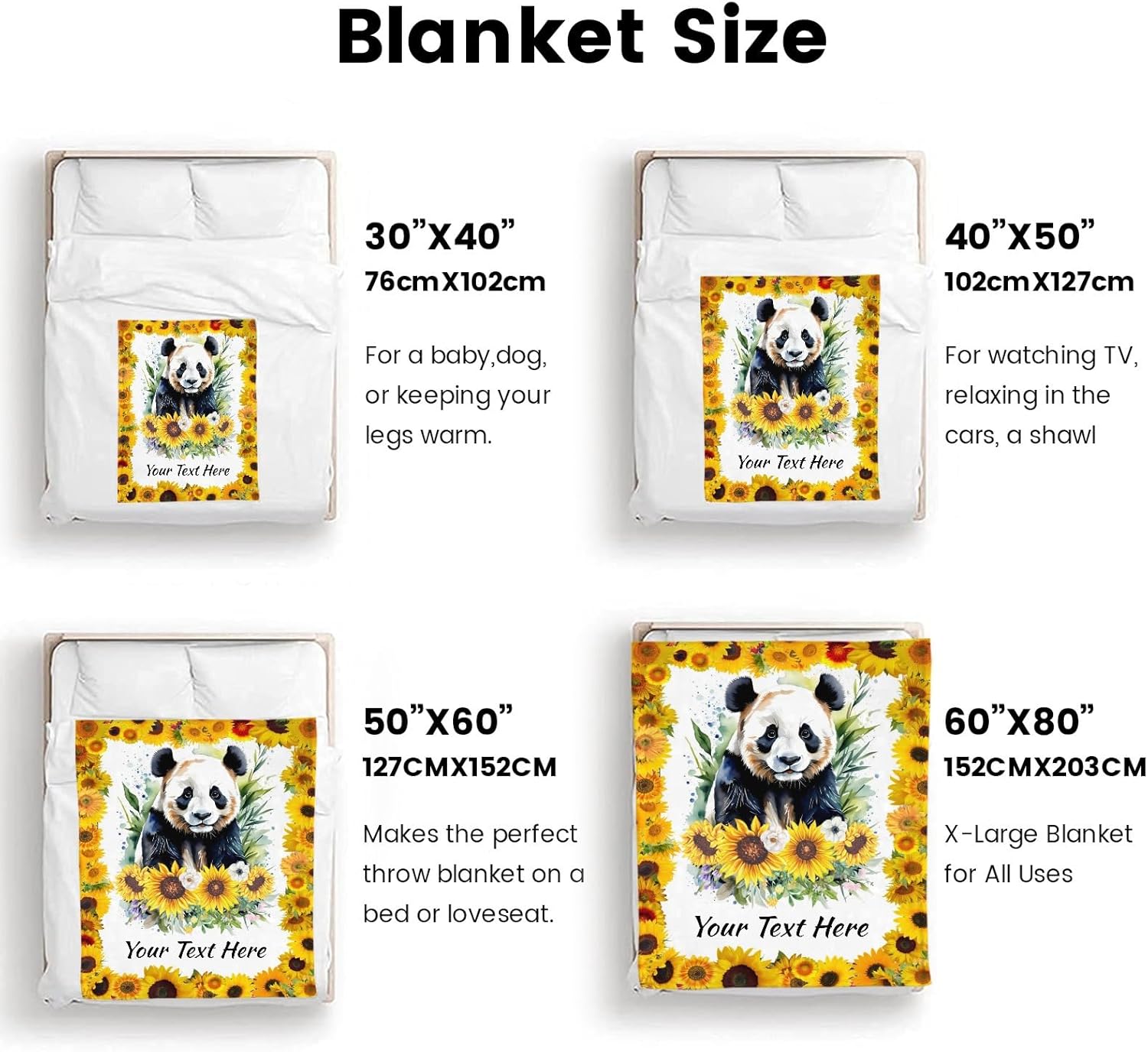 Panda Blankets with Sunflower, Personalized Throw Blanket for Couch Sofa Bed, Soft Warm Fuzzy Cozy, 30 x 40 Inches