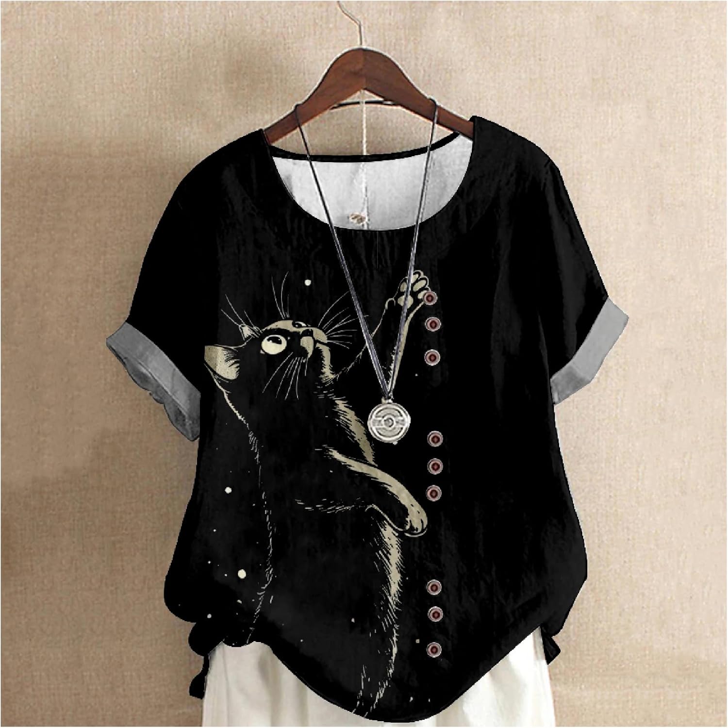 Shirts for Women Cute Cat Print Short Sleeve Crewneck Summer Vacation Fashion Vintage Dressy Casual Tunic Tops - Image 2