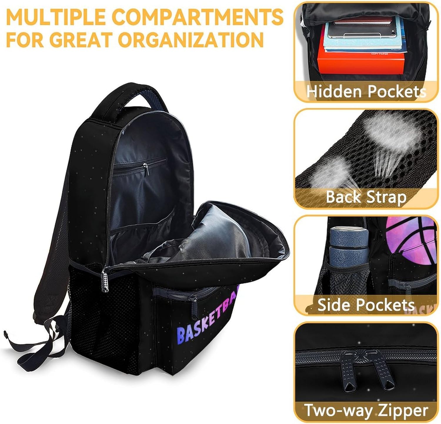 Basketball Backpack for Girls Boys, 16 Inch Basketball Theme Bookbag with Adjustable Straps, Durable, Lightweight