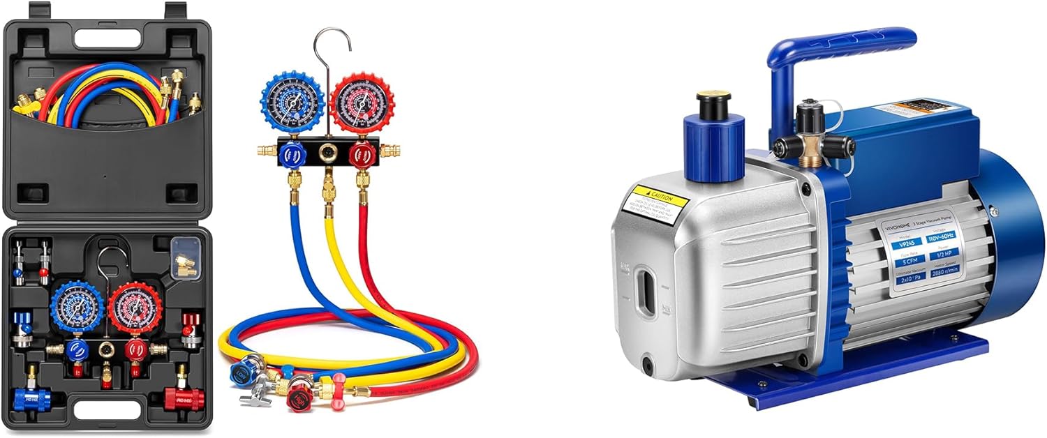 VIVOHOME HVAC Manifold Gauge Set with R134a R1234yf Quick Couplers and Can Taps, Automotive AC Gauges 1/2 HP 5 CFM Dual Stage A2L HVAC Vacuum Pump, Sparkless Motor with 2 Oil Bottles