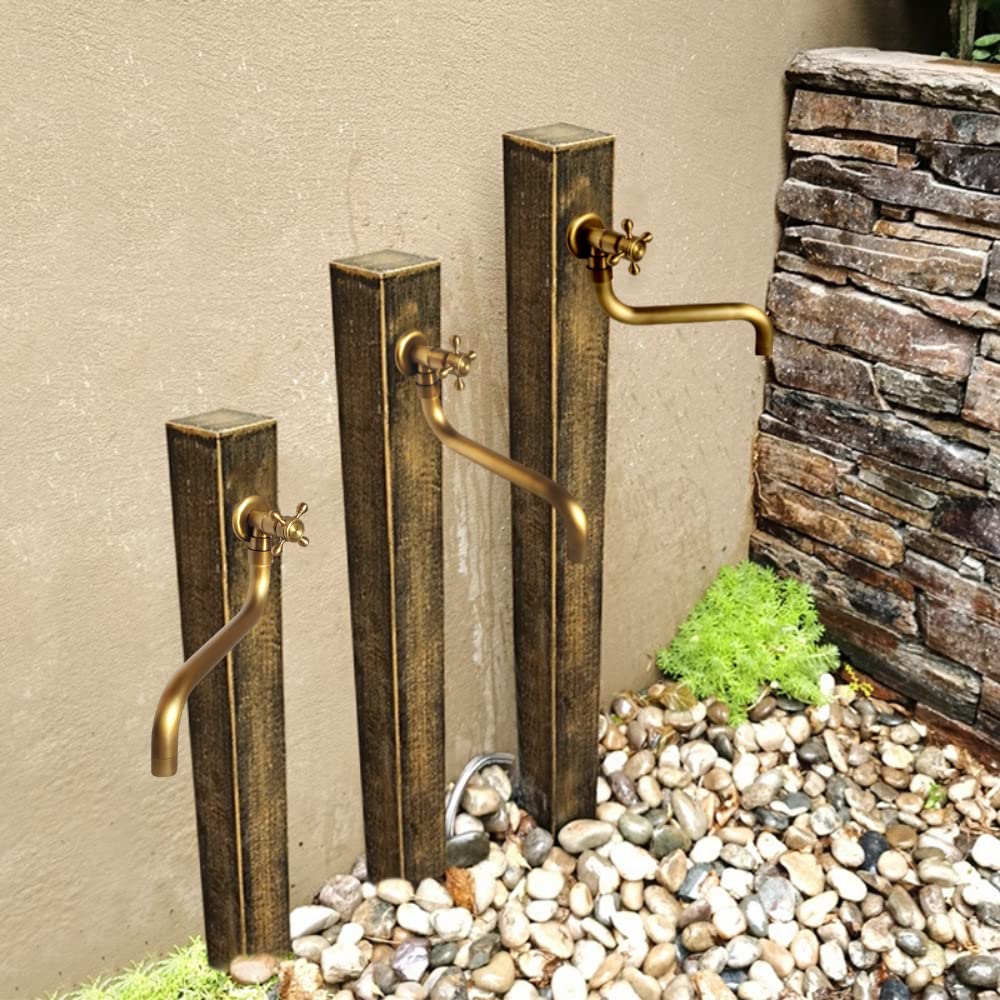 Rubinetto Lavello a Parete Acqua Fredda in Ottone Antico, Bocca a S | Rubinetto monocomando giardino a muro lungo retro, girevole 360°, maniglia a croce, G1/2, per esterno lavabo bagno cucina