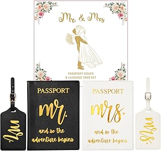 Mr & Mrs Luggage Tags and Passport Holder Set – Wedding Gift for Couples, Honeymoon Travel Accessories, Passport Covers with Luggage Tags for Bride and Groom (Style1)