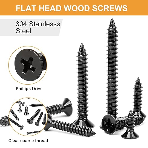 Miniatura 9 de VIGRUE Juego de 410 tornillos de madera de acero inoxidable negro #4#6#8#10 Phillips Tornillos de chapa metálica de cabeza plana Tornillos de madera