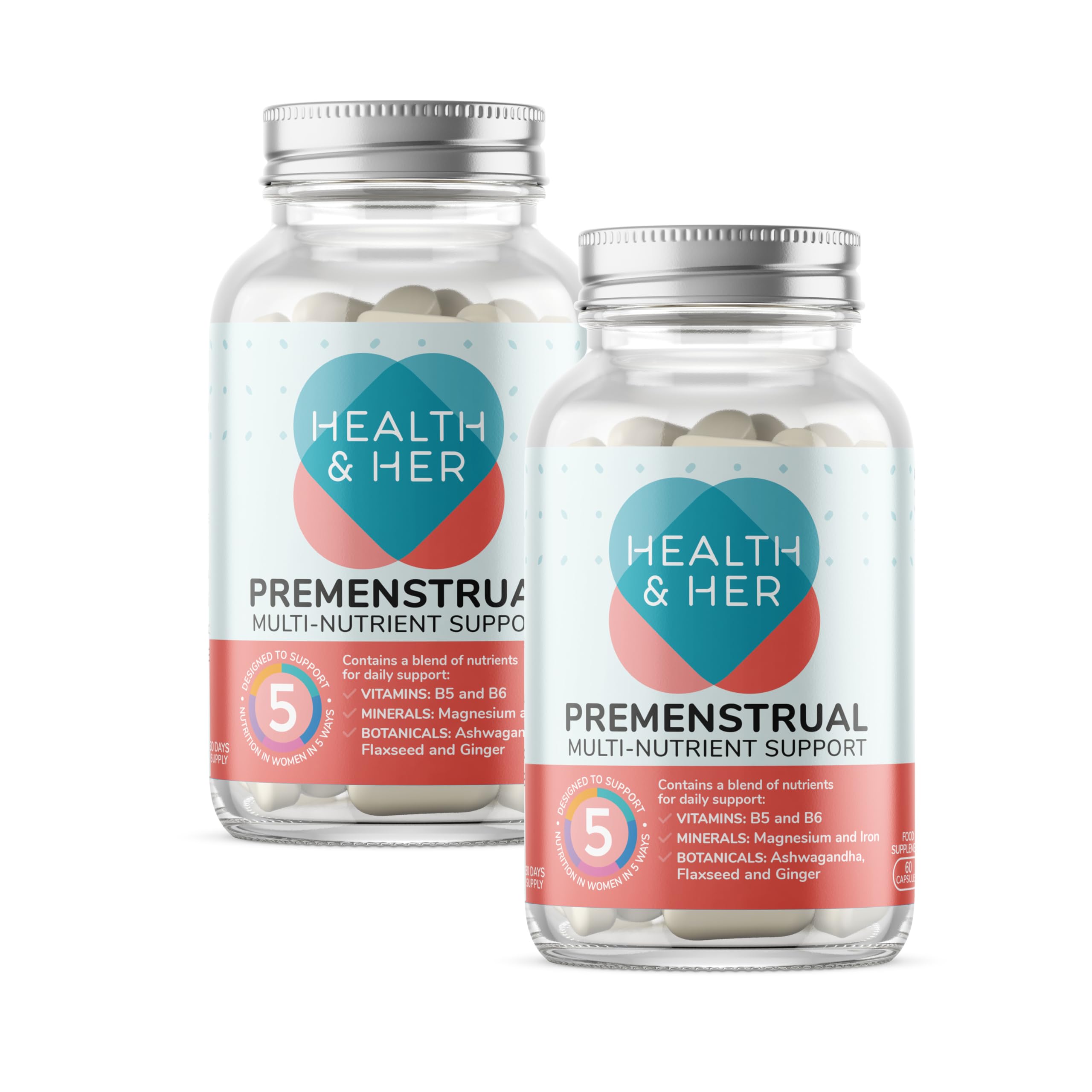 Health & Her Premenstrual Supplements for Women - with Ashwagandha, Flaxseed and Ginger Root - 2 Month Supply, 120 Capsules - Vegan & Gluten Free