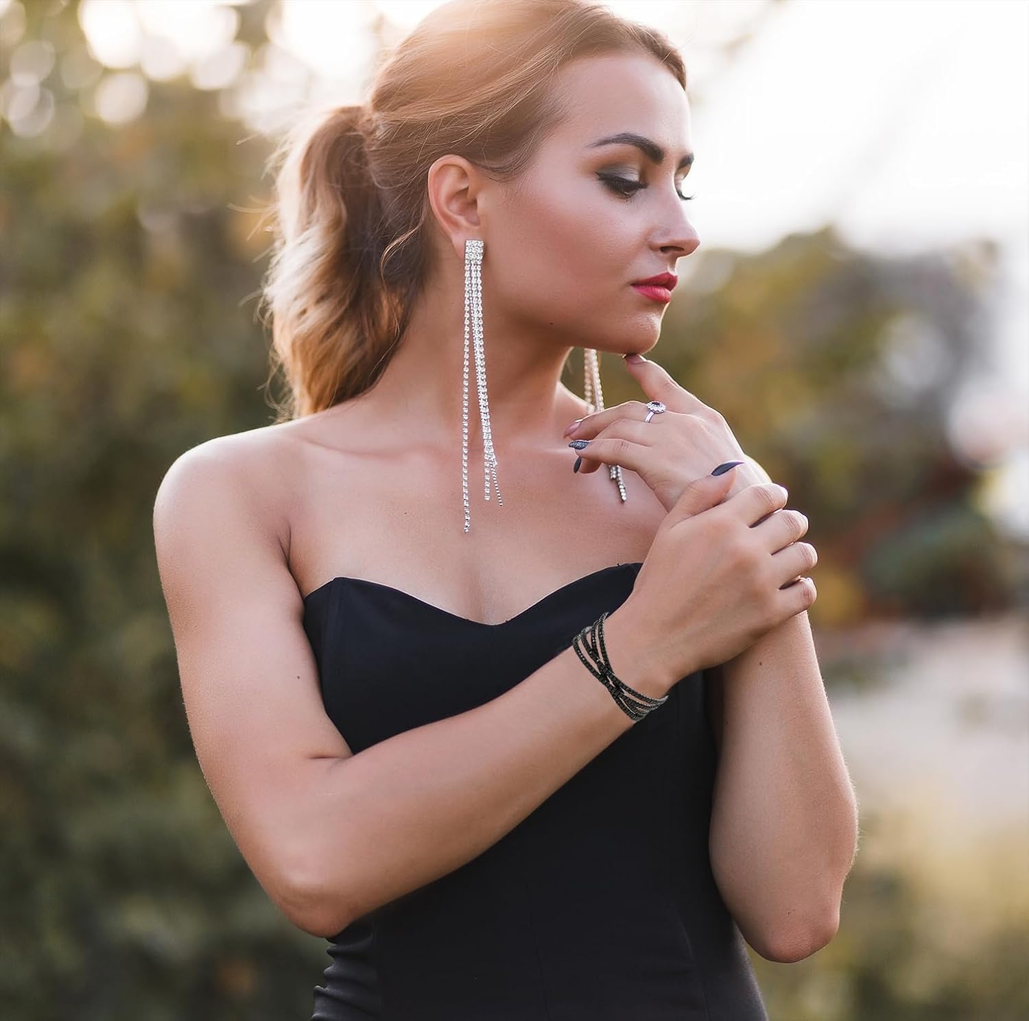 Jojomina Black Rhinestone Cuff Bracelet for Women Black Jewelry Layered Bracelets for Prom pageant Party Wedding - Image 6