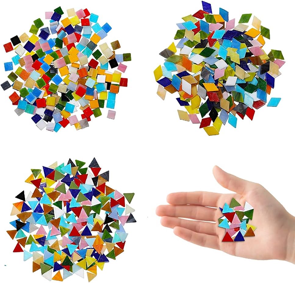 GIRAFEDA 600 PCS Glass Mosaic Tiles Mixed Color Mosaic Glass Assorted Stained Glass Mosaic Glass Pieces Crystal Glass Mosaic Tiles for DIY Art Craft and Home Decoration (Triangles,Squares,Rhombus)