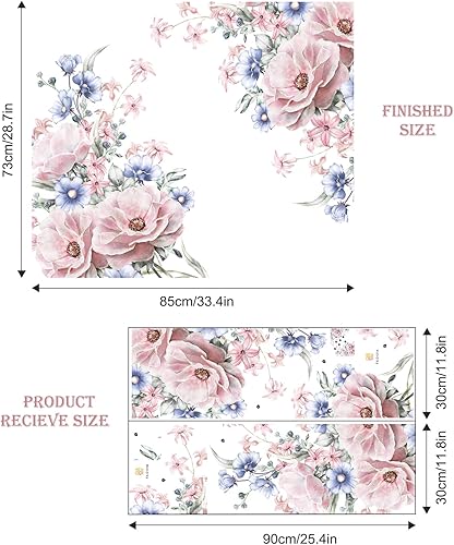 Miniatura 6 de Supzone Calcomanías de pared grandes de flores rosadas, flores rosadas, flores azules, ramos de flores, calcomanías de arte de pared para niñas,