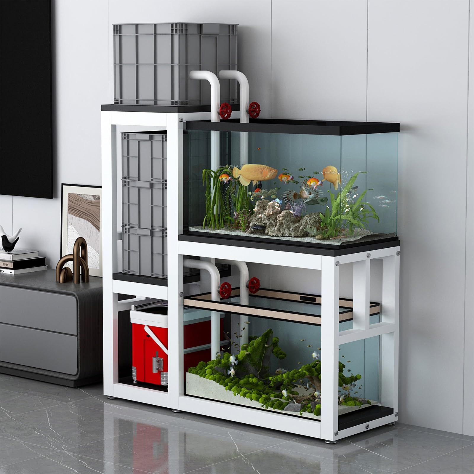 Fish Tank Stand, Three-tier Metal Aquarium Stand, Reptile Tank Stands for Accessories Storage, Reinforced Steel Frame, fits Aquarium, Turtle Tank, Terrariums(White,130x40cm/51x15.7in)