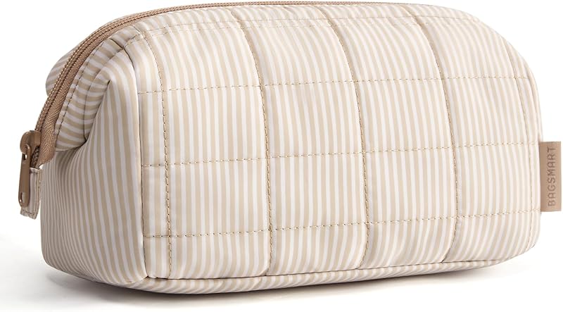 BAGSMART Necessaire de maquiagem e viagem em poliéster, fechamento com zíper, listrada, Strip Khaki Brown