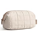 BAGSMART Makeup Bag Travel Toiletry Bag, Puffy Padded Make Up Bags for Women Makeup Organizer Case, Wide-open Pouch Purse Travel Essentials Toiletries Accessories Brushes, Strip Khaki Brown