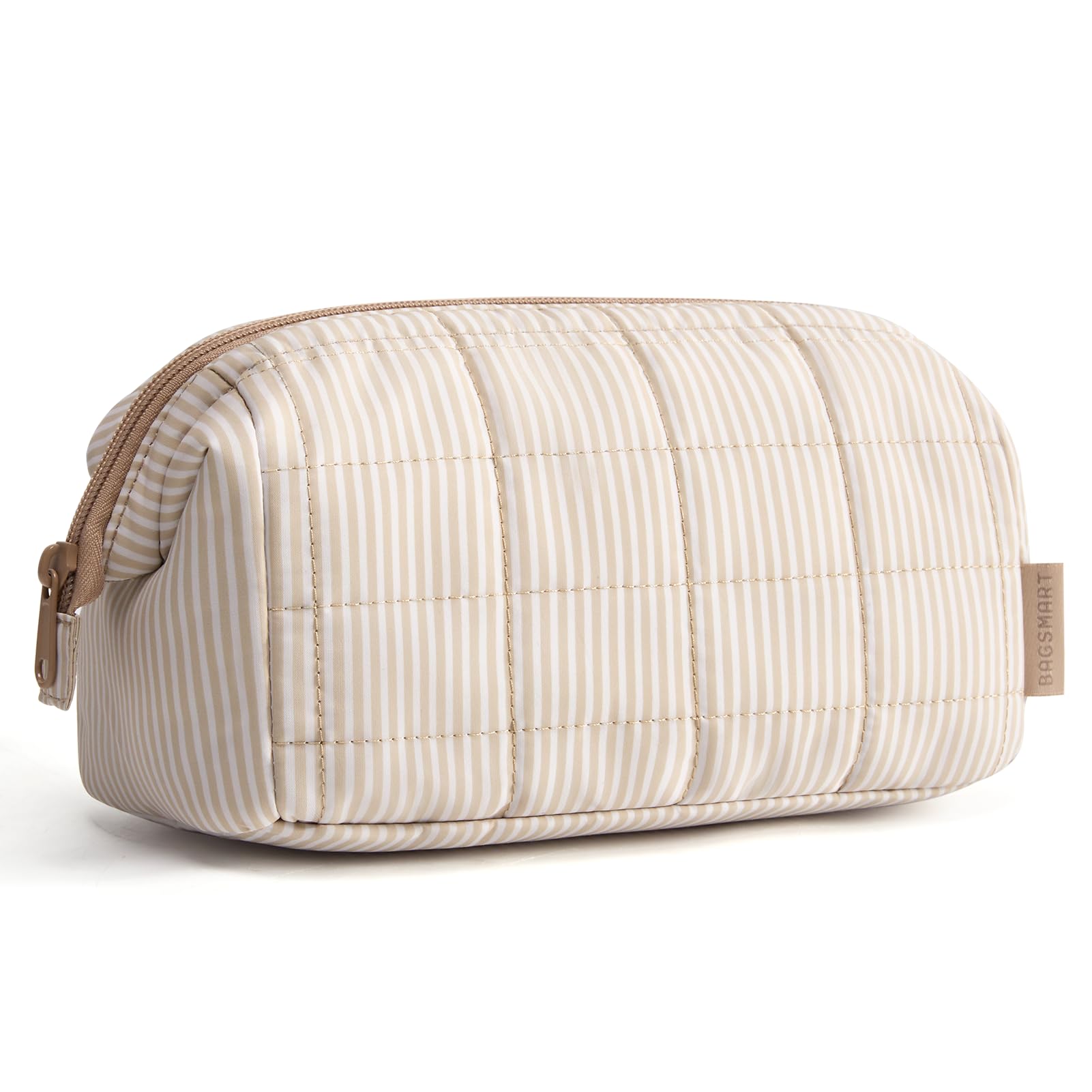 BAGSMART Make Up Tasche Schminktasche Klein Kosmetiktasche Damen, Reise Kulturbeutel, Reiseutensilien, Weit Zu öffnende Tasche Makeup Bag, Khaki Gestreift​