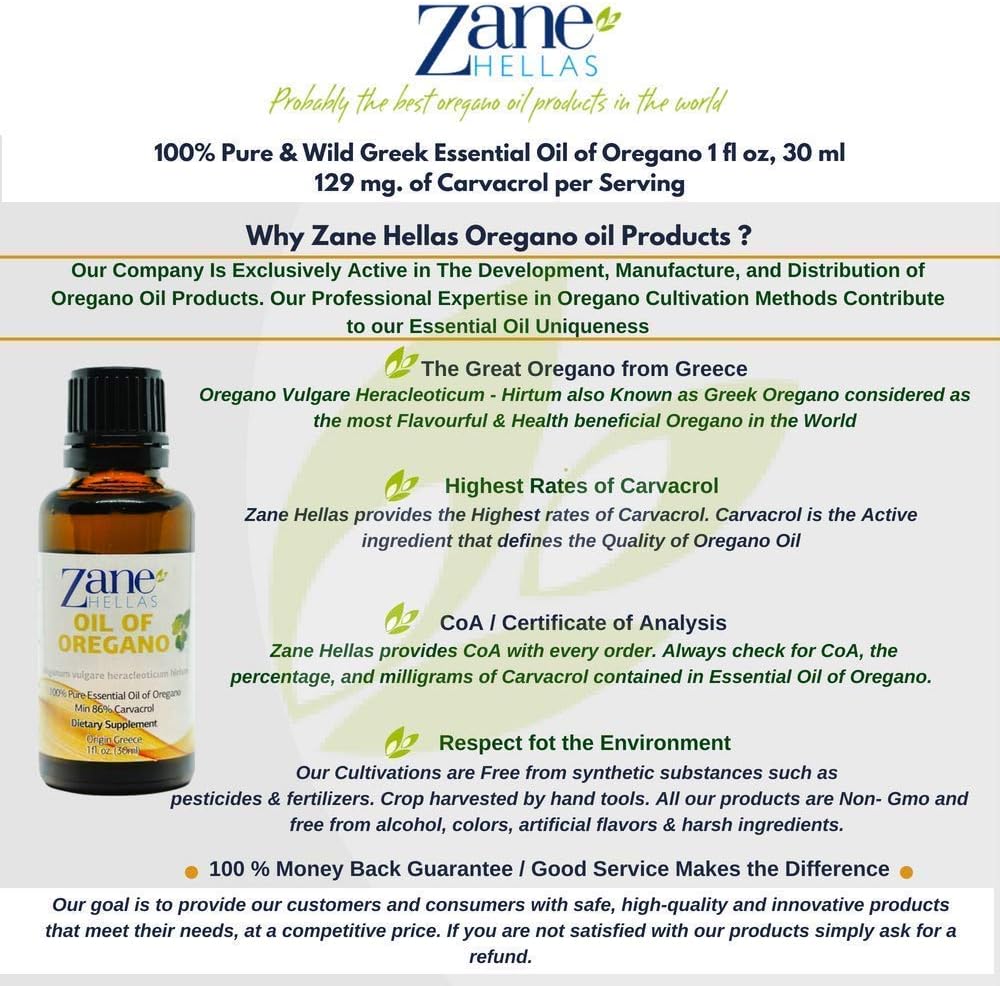 ZANE HELLAS Natural Essential Oil of Origanum heracleoticum,129 mg Carvacrol Per Serving,1 fl.oz. 30 ml.Super 100 : Health & Household