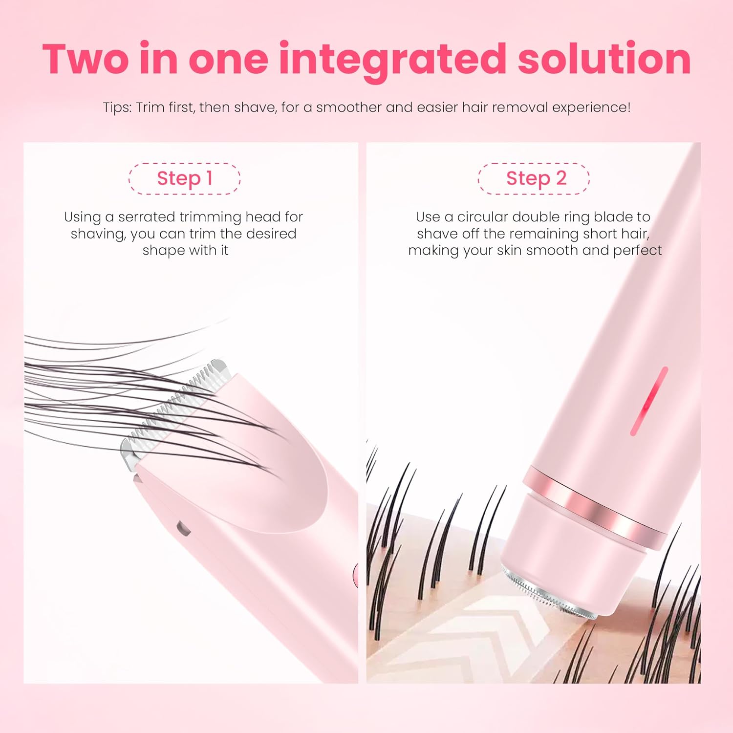 Bikini Trimmer for Women-2 in 1 Dual Head Electric Razors,USB Rechargeable Bikini Electric Shaver,IPX7 Waterproof Dry & Wet Use Body Hair Trimmer and Facial Hair Remover for Underarm Leg Body,Pink - Image 4