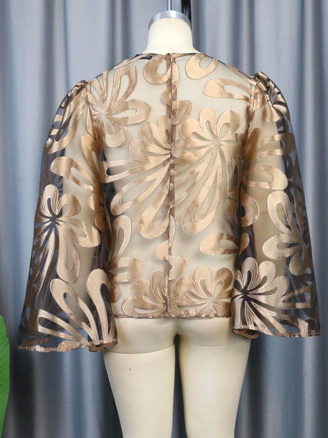 AOMEI Women's Long Bell Sleeve See Through Tops Flared Casual Loose Blouse Gold Round Neck Shirt Dressy Tops for Evening - Image 4