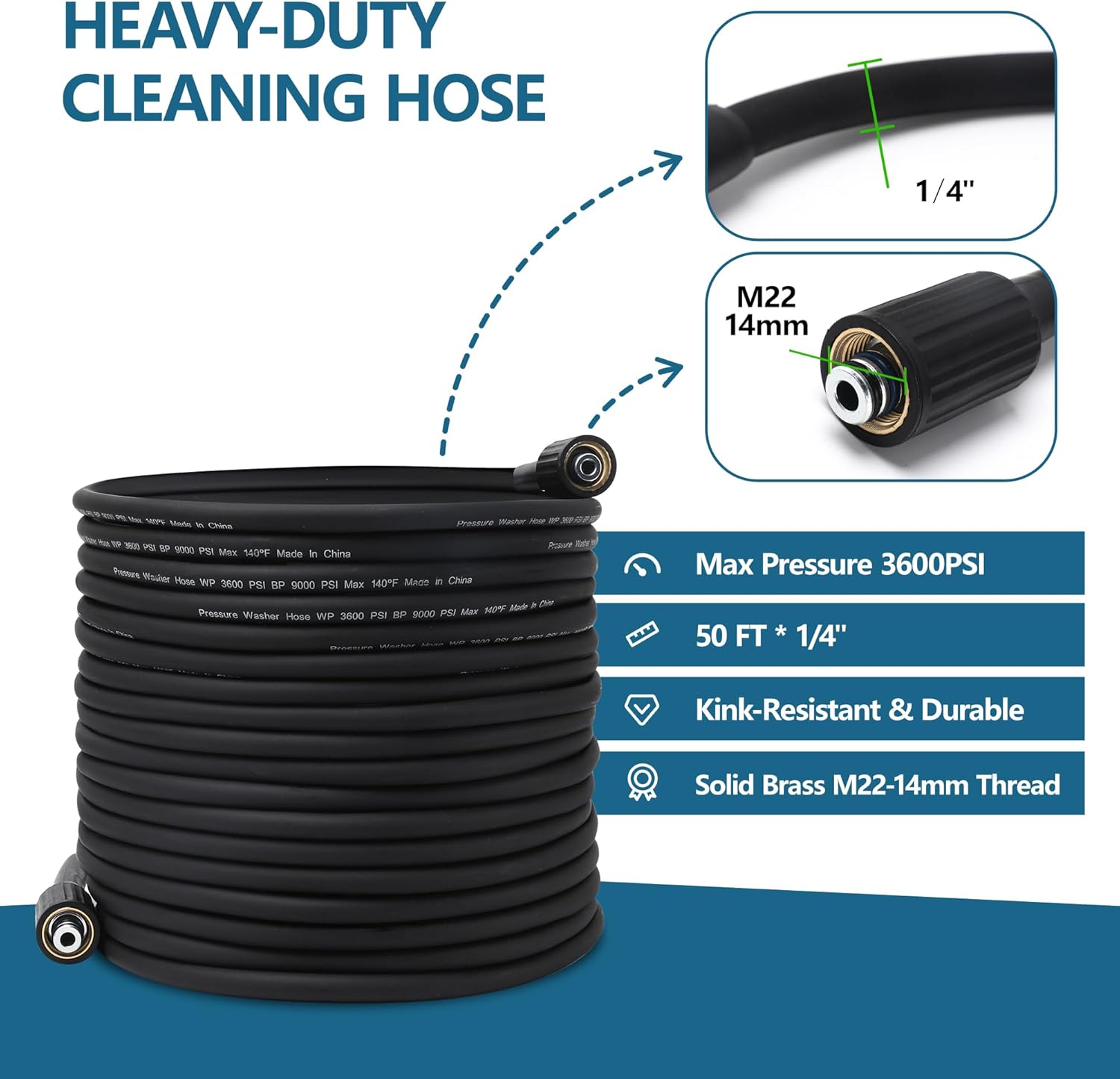 Pressure Washer Gun and Hose Kit, 50FT High Pressure Power Washer Hose with Spray Gun, Wand Extension, 5 Nozzle Tips, M22-14mm Fittings, 3600 PSI