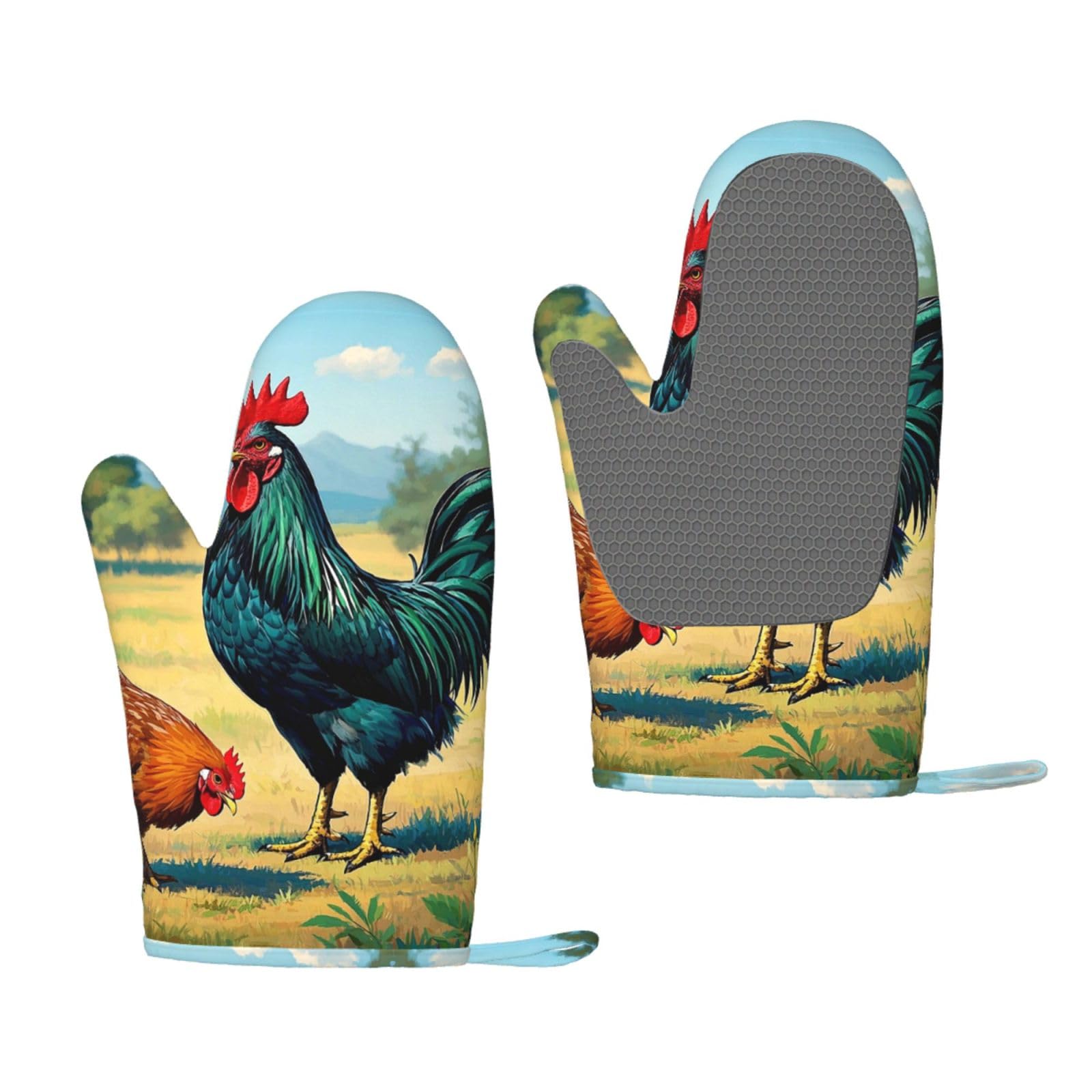 Oven Mitts Sets of 2 Heat Resistant Kitchen Gloves Chicken And Rooster Print Oven Mitts BBQ Oven Gloves Non-Slip Silicone Oven Mitts Waterproof Cooking Safety Gloves for Kitchen Baking Cooking