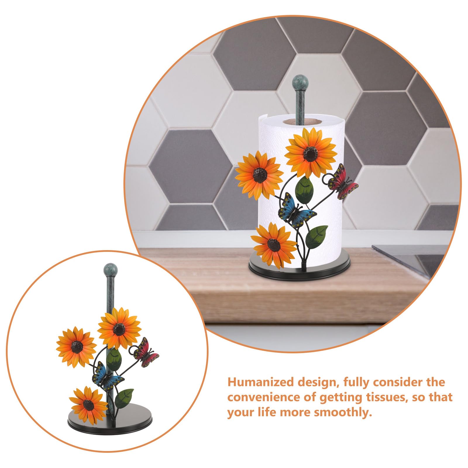 Mobestech Portarotolo da Cucina in Metallo Stile Girasole Farfalle, Porta Carta Verticale Robusto e Decorativo per Soggiorno, Sala da Pranzo e Cucina, Supporto Portasciugamani Artistico