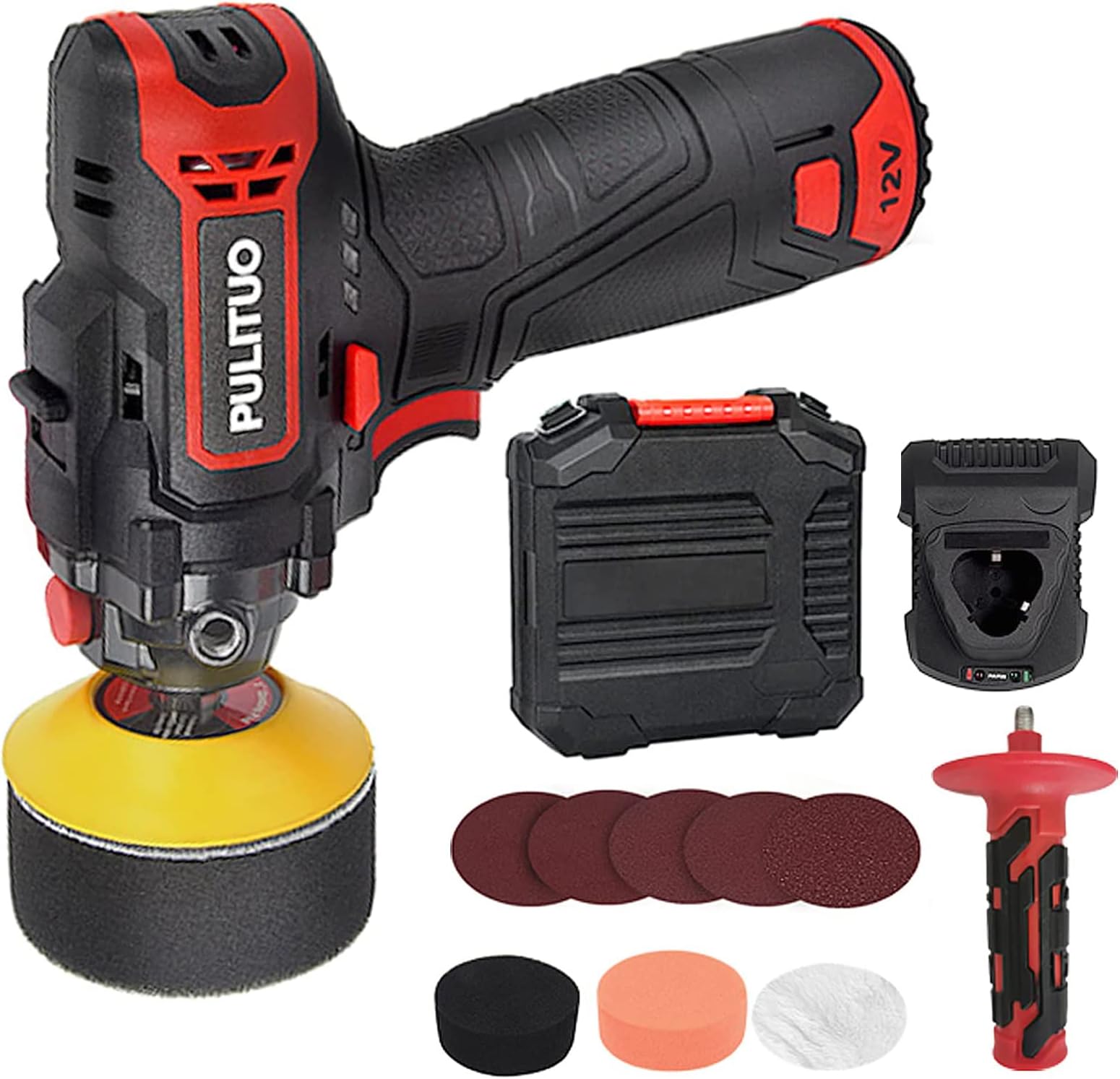 PULITUO Cordless Car Buffer Polisher, 3 Inch Sanding And Polisher Kit for Car Detailing, 12V & 2000mAh Battery with 45min Fast Charger, Used for Polishing, Rust Removal And Sink Scrubbing