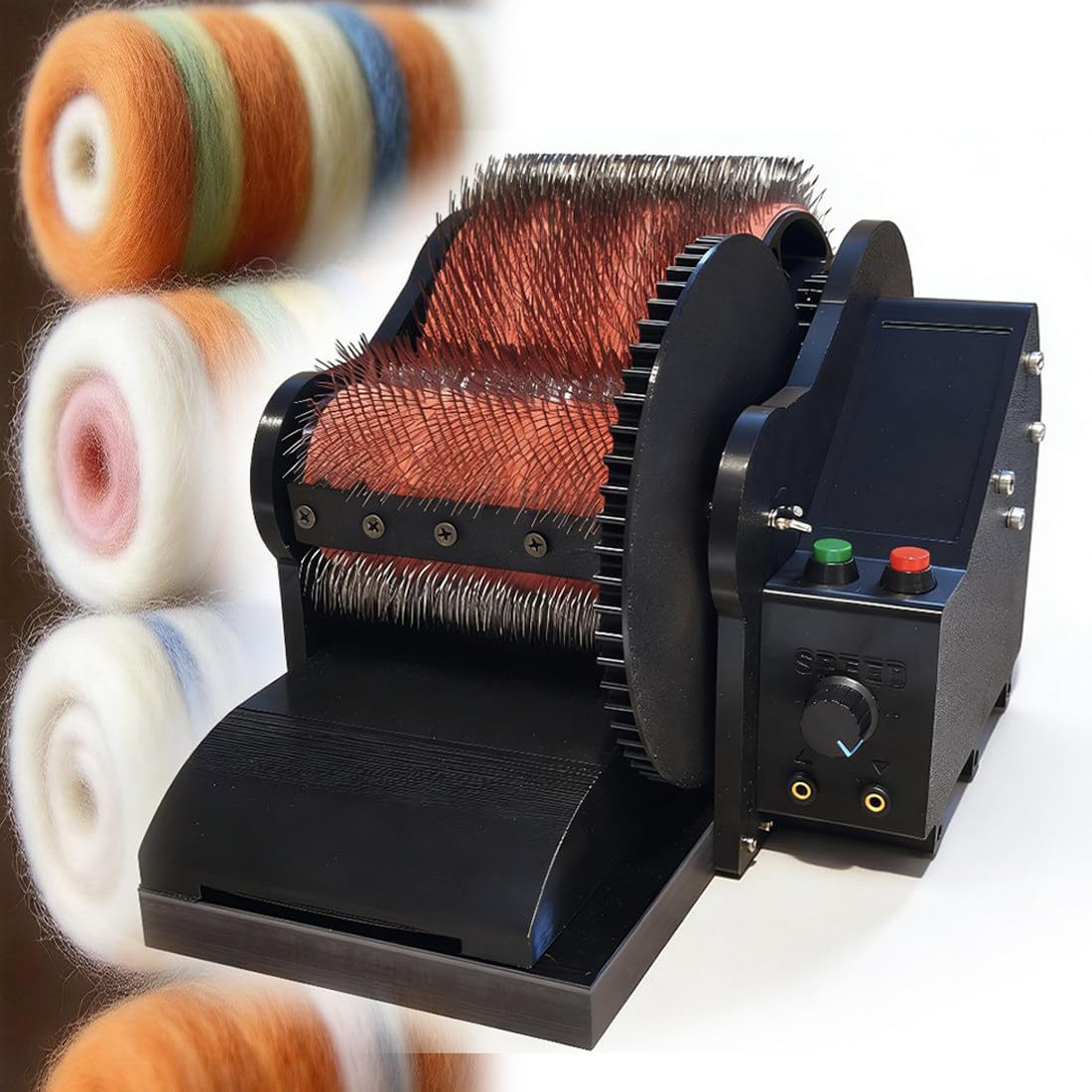 Cardador de tambor eléctrico, máquina de cardado compacta con velocidad ajustable y marcha atrás, cepillo y punzón incluidos, elimina impurezas y mezcla colores para el procesamiento de lana