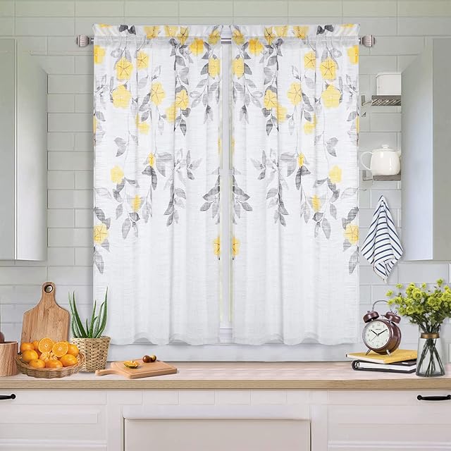 CAROMIO Floral Voile Kitchen Curtains for Window Yellow, Printed Flower Half Curtain 45 Inch Drop Window Treatment Curtain for Cafe Bathroom Study Room, Yellow Flower/ White, 26x45 Inch 2 Pieces
