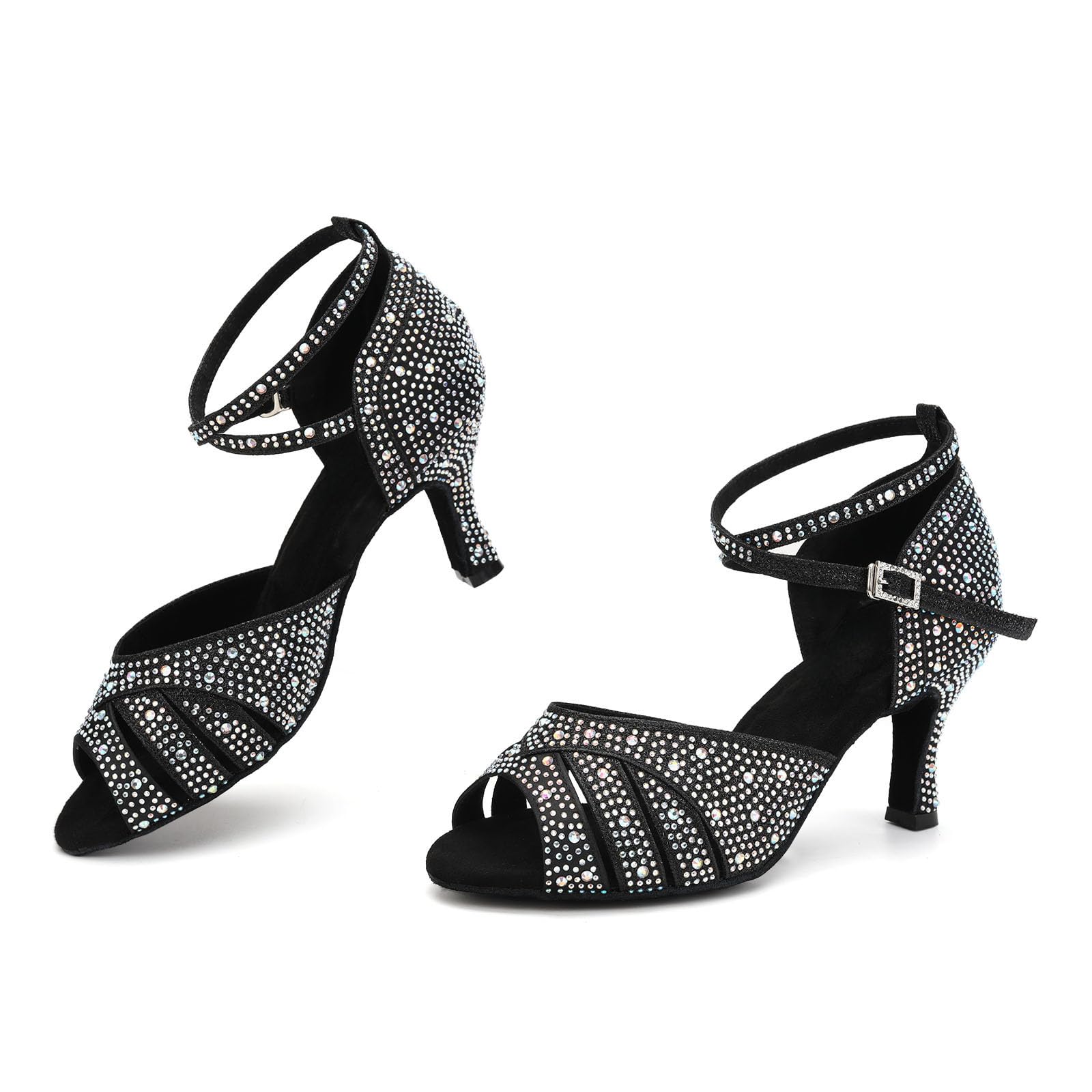 SWDZM Scarpe da Ballo Latino Donna Strass Salsa Bachata Prestazioni Professionale,Zwart,Hakhoogte 7cm,Suède zool,EU 34