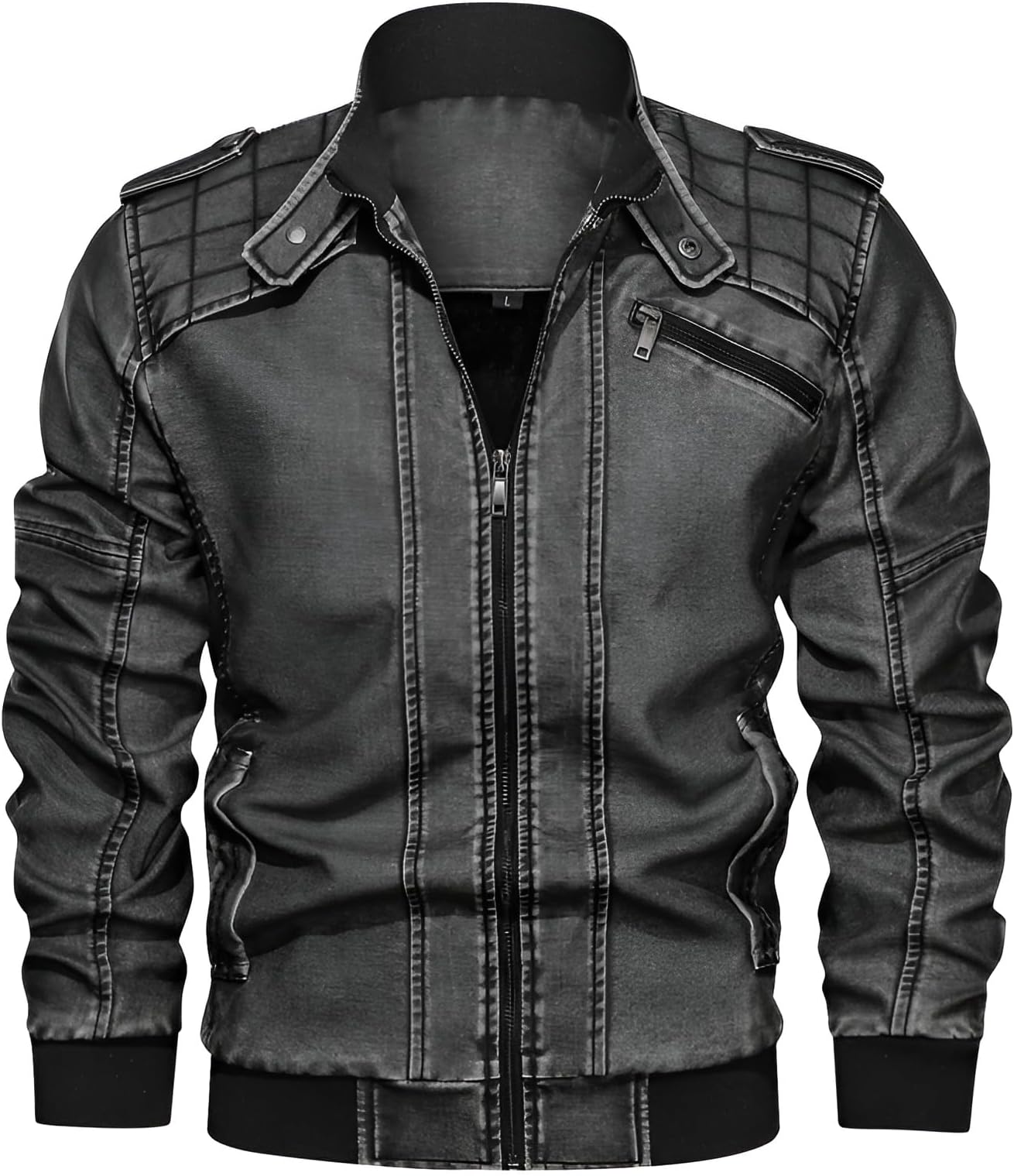 Men's PU Leather Jacket, Boa Lining, Big Sizes, Stand Collar Design, Slim Silhouette, For Spring and Autumn, Outdoor, Casual, Adult Jacket, Men's