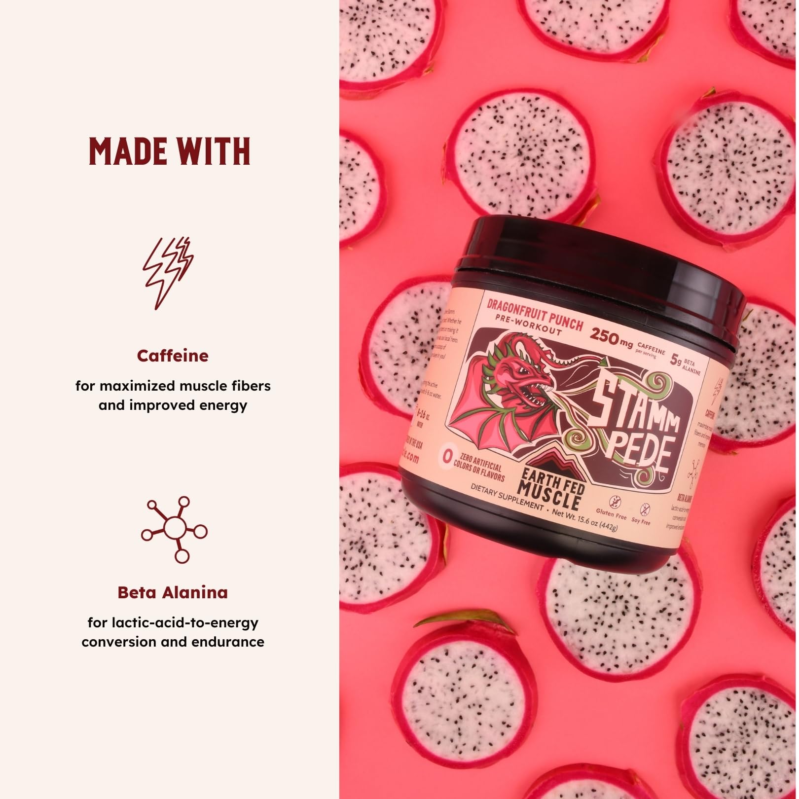 Earth Fed Muscle Stammpede Pre Workout – Dragon Fruit Punch, Clean Energy, Focus, Muscle Support, No Fillers or Artificial Flavors, 30 Servings