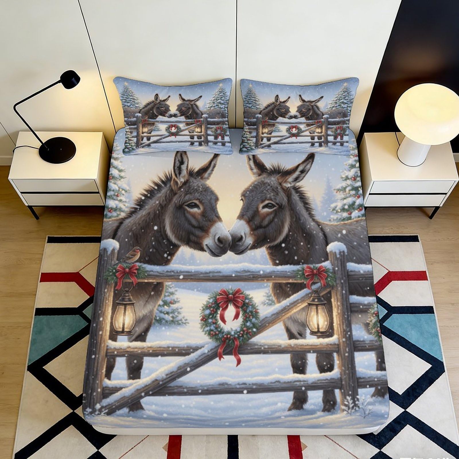 3D Printed Winter Donkey Fitted Sheet Microfiber Soft Breathable Farm Fence Bed Cover for Bedroom Guest Room Decor 90x200x25cm