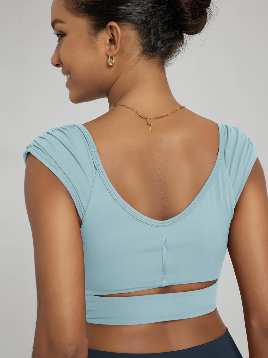 ODODOS Ruched Front Crop Tank for Women V-Neck Cut Out Back Cap Sleeve Cropped Tops - Image 4