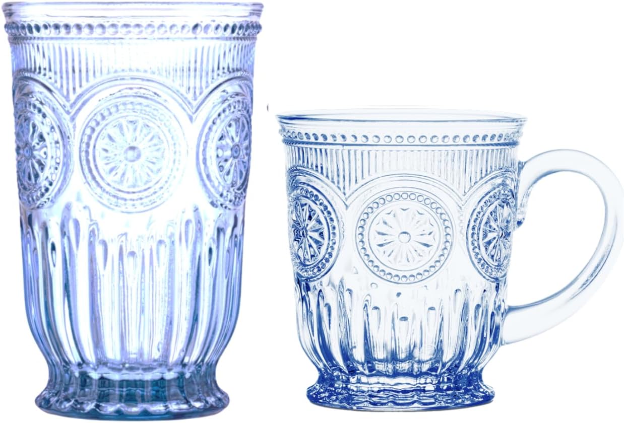 Blue Glass Coffee Mugs and Highball Tumblers Set – 10-Piece Pressed Colored Glassware Bundle with Sunflower and Vintage Textures for Coffee, Tea, Water, Juice, or Entertaining