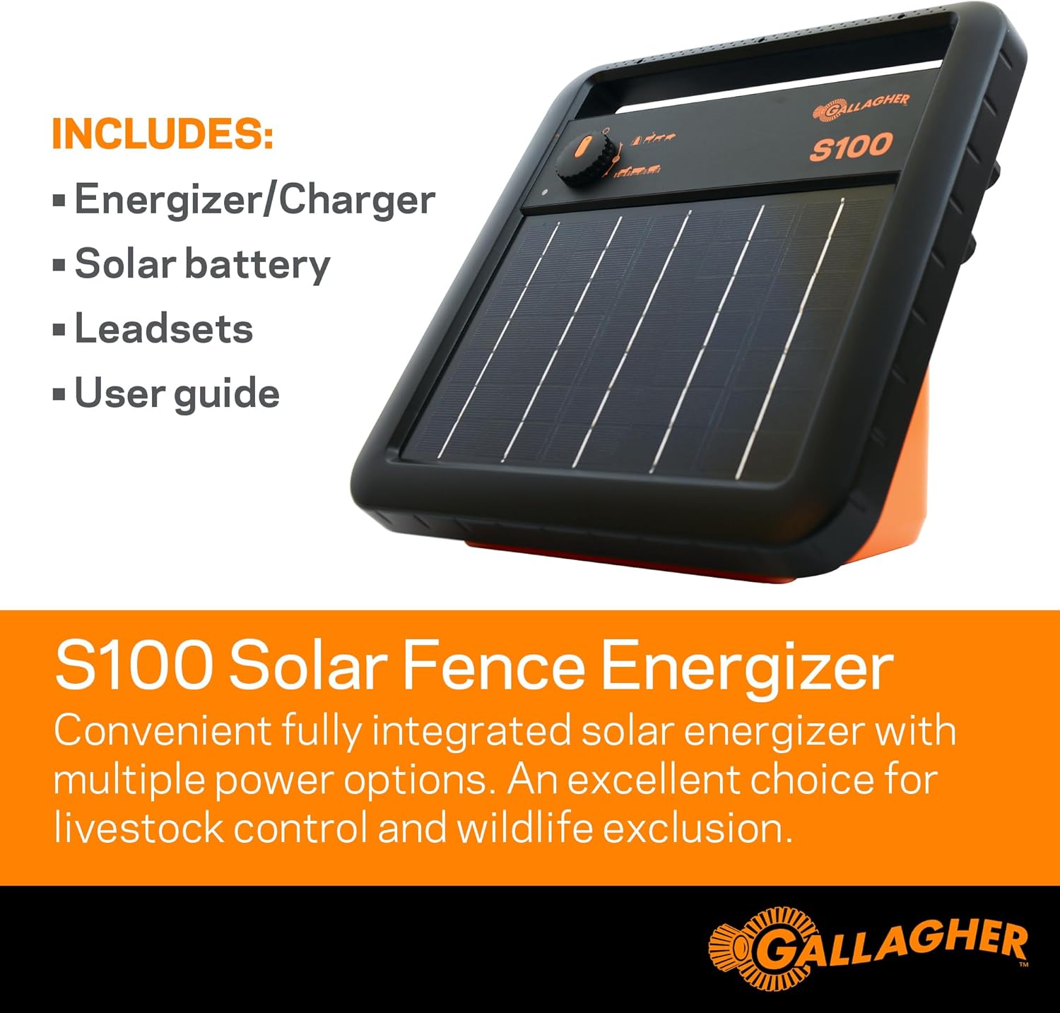 Gallagher S100 Solar Electric Fence Charger | Powers Up to 30 Mile / 100 Acres of Fence | Low Impedance, 1.0 Stored Joule Energizer | Battery Saving Technology | Solar Battery & Leadsets Included