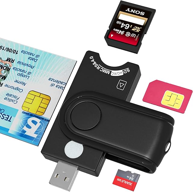 4-in-1 SIM Card Reader, ID Card Reader, SDHC/SDXC/SD& Micro SD Card Reader, Smart Card Reader for DOD Military USB Common Access CAC/SIM/ID/IC Bank/Chip Card(e-Tax), Compatible Windows, Vista
